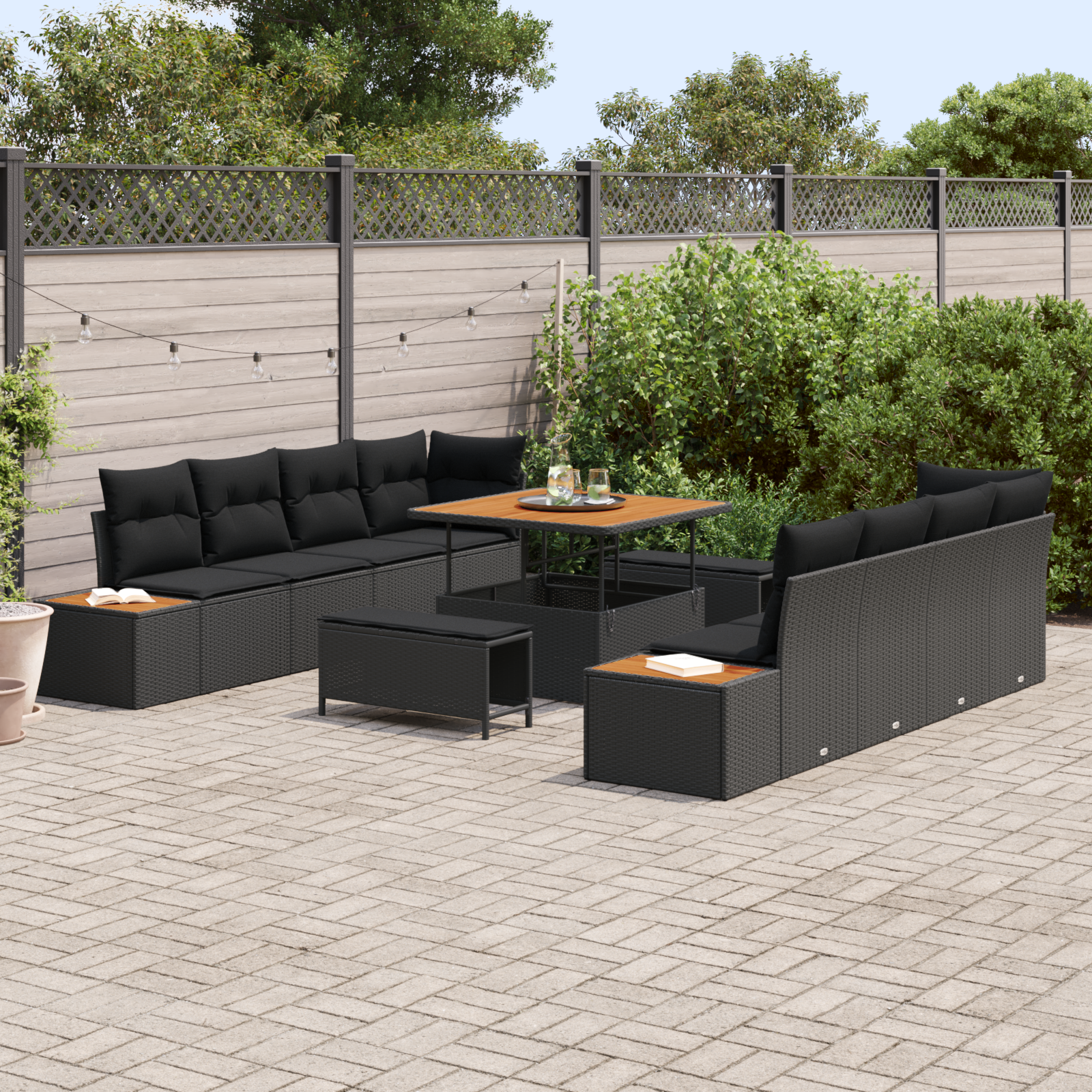 vidaXL 11-delige Tuinbankenset met kussens poly rattan acacia zwart