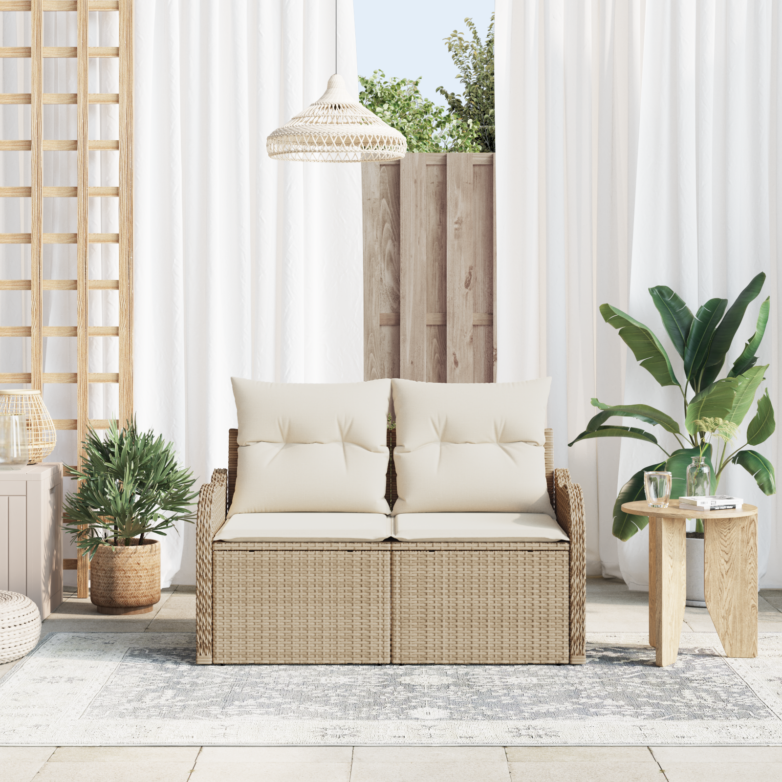 vidaXL Tuinbank 2-zits met kussens poly rattan beige