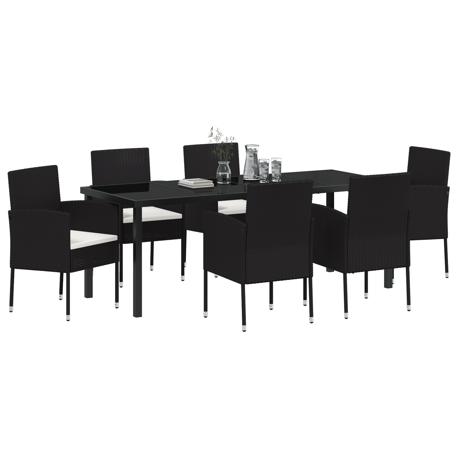 vidaXL 7-delige Tuin Eettafel Set met Kussens Zwart Poly Rattan