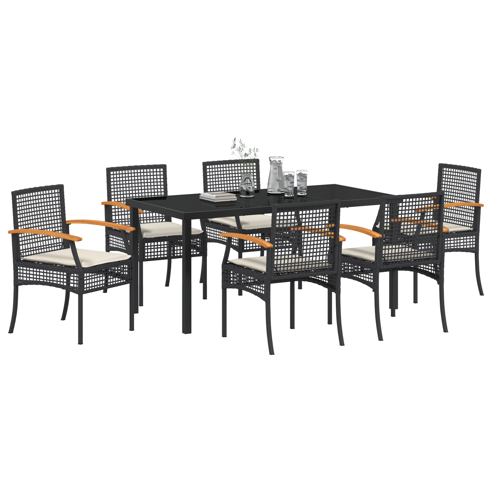vidaXL 7-delige tuindining set met kussens Zwart Poly Rattan