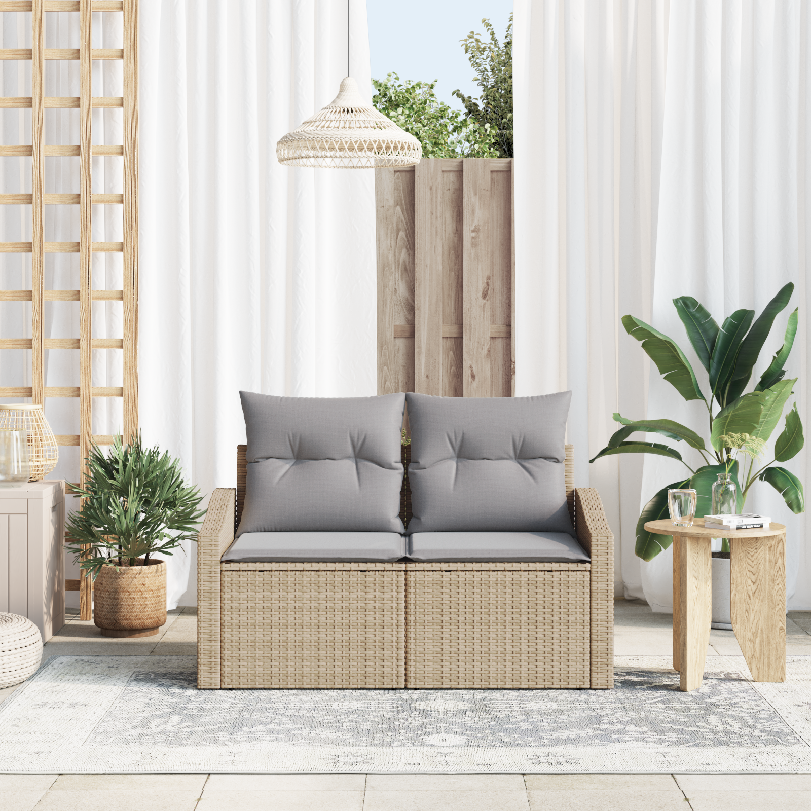 vidaXL Tuinbank 2-zits met kussens poly rattan beige