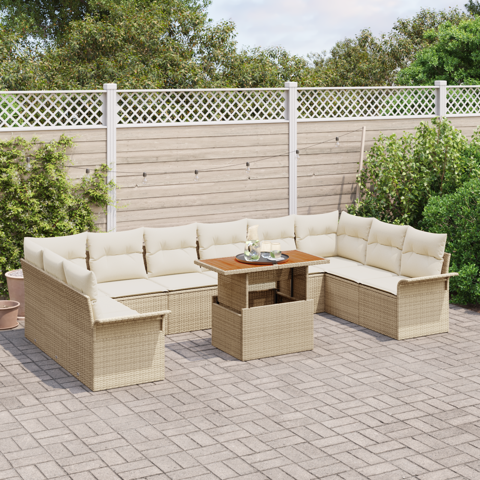 vidaXL 11-delige tuin eetset met kussens in beige van poly rattan en acaciahout