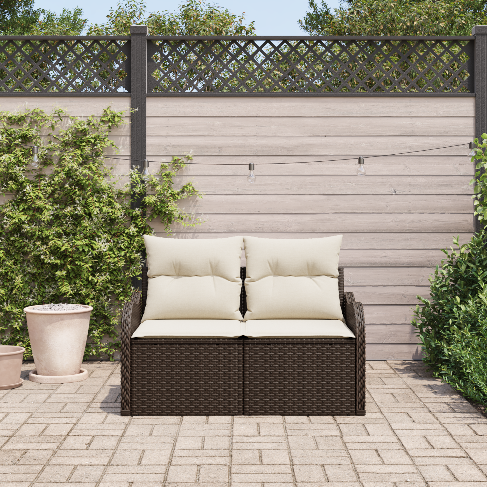 vidaXL Tuinbank 2-zits met kussens poly rattan bruin