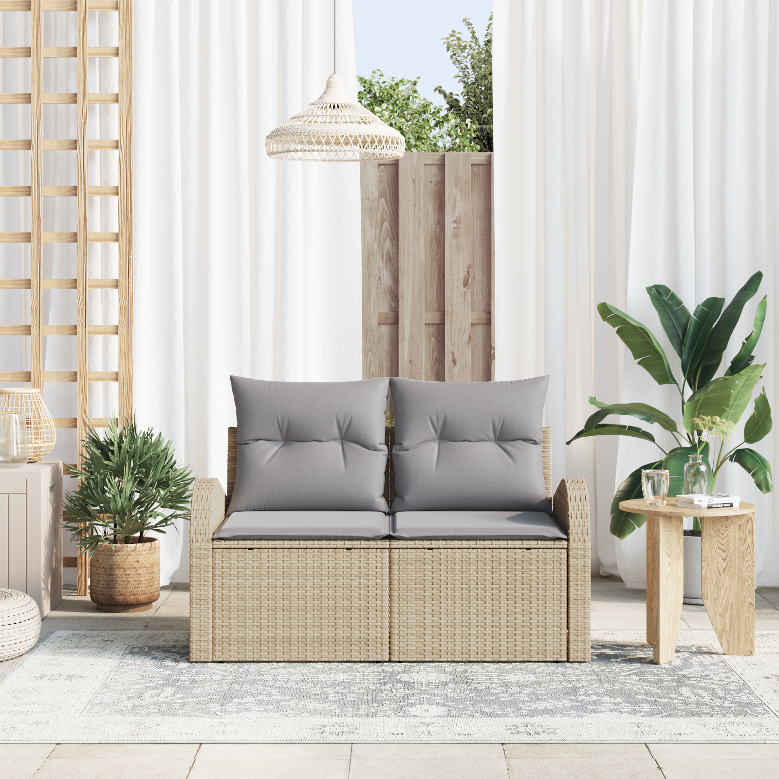 vidaXL Tuinbank 2-zits met kussens poly rattan beige