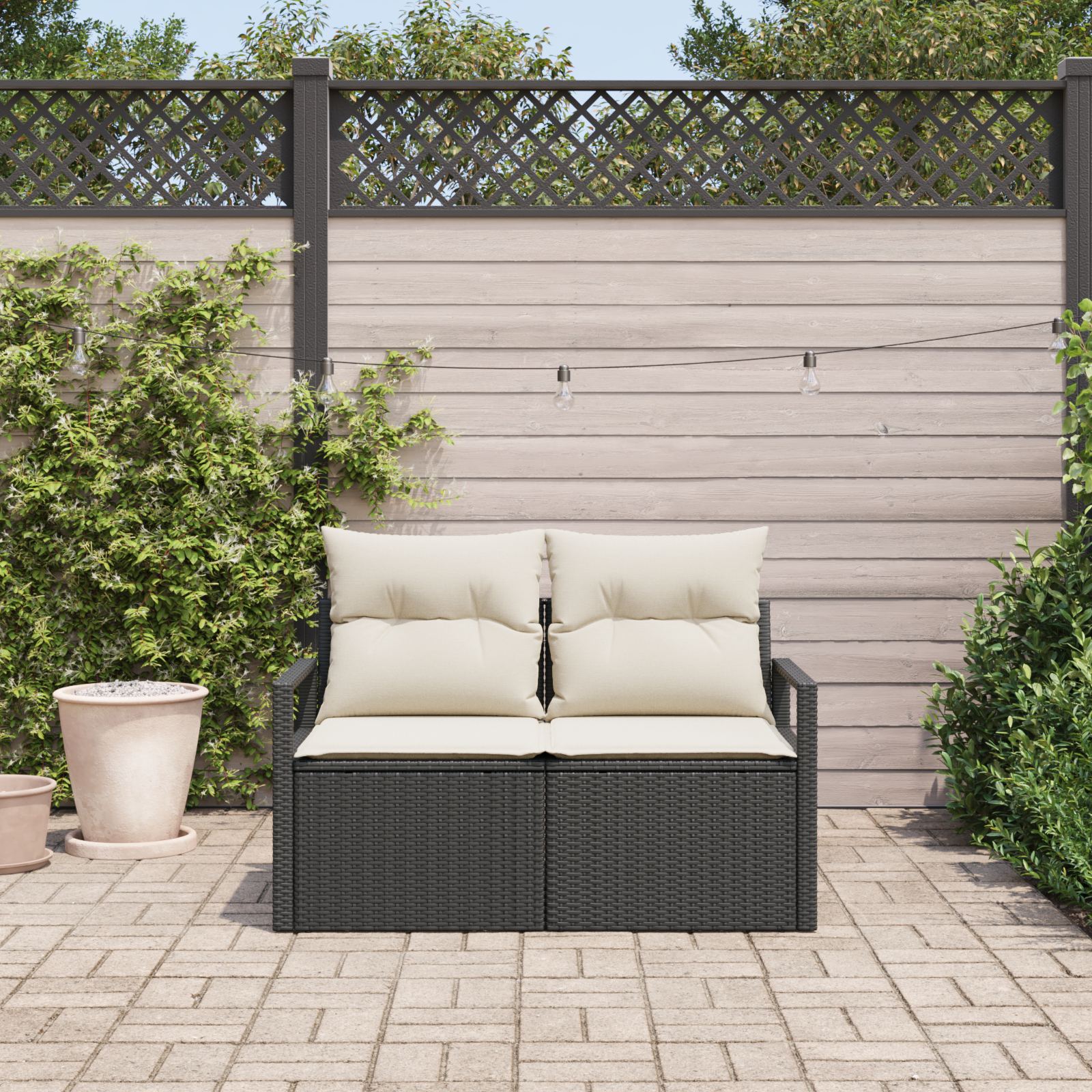 vidaXL Tuinbank 2-zits met opbergruimte en kussens poly rattan zwart