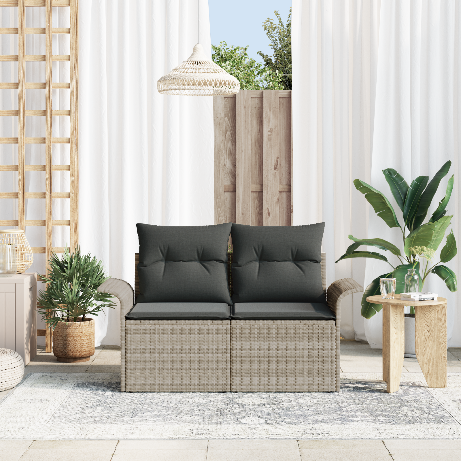 vidaXL Tuinbank 2-zits met kussens poly rattan lichtgrijs