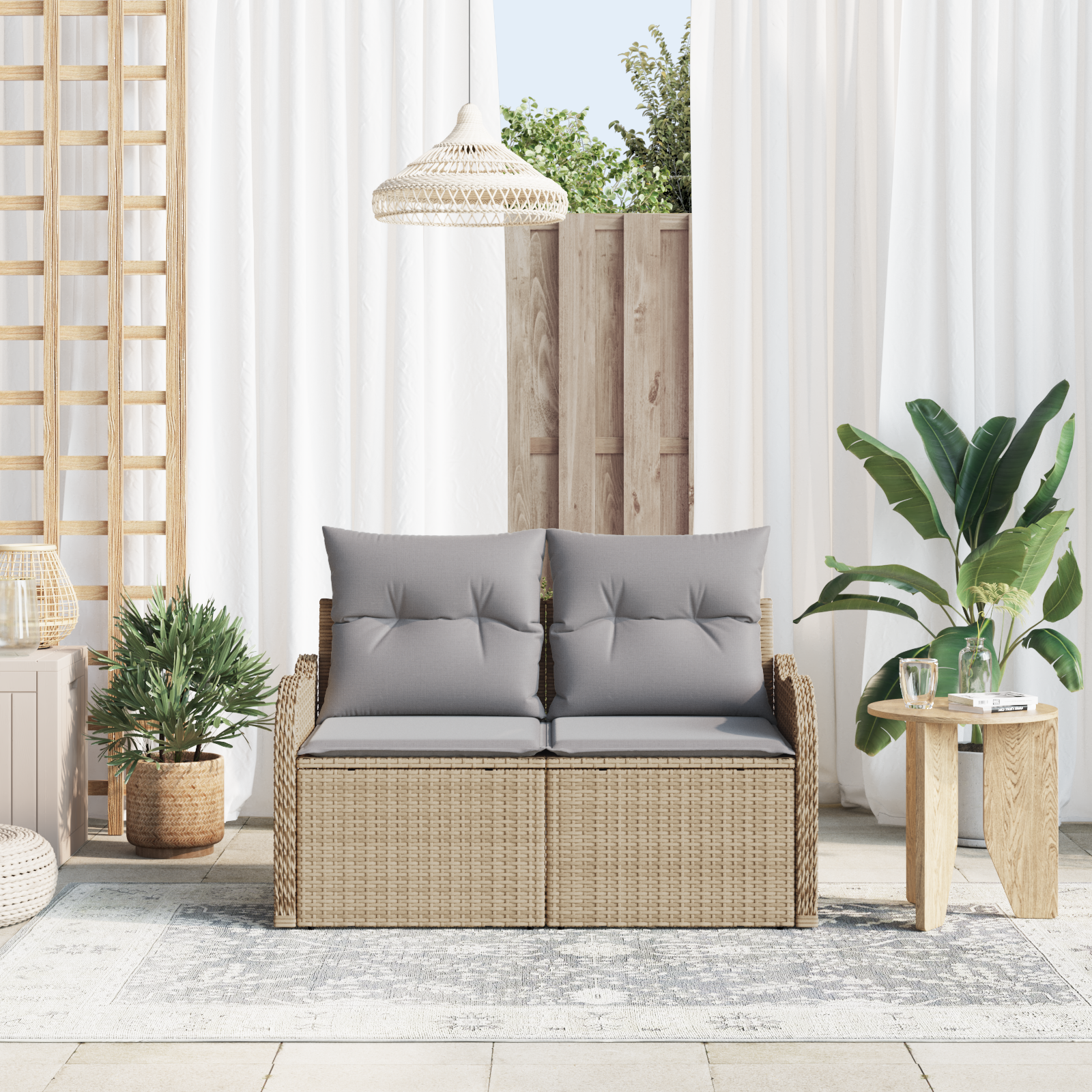 vidaXL Tuinbank 2-zits met kussens poly rattan beige