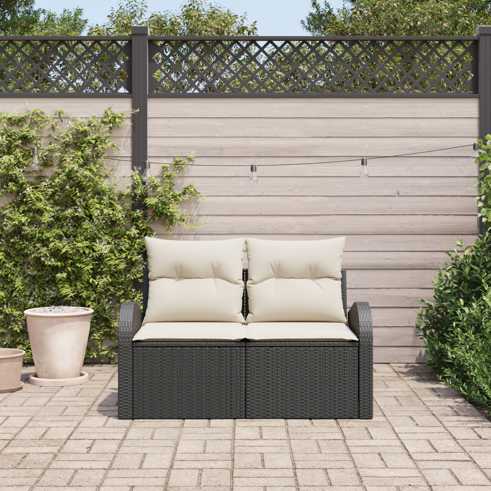 vidaXL Tuinbank 2-zits met opbergruimte en kussens poly rattan zwart