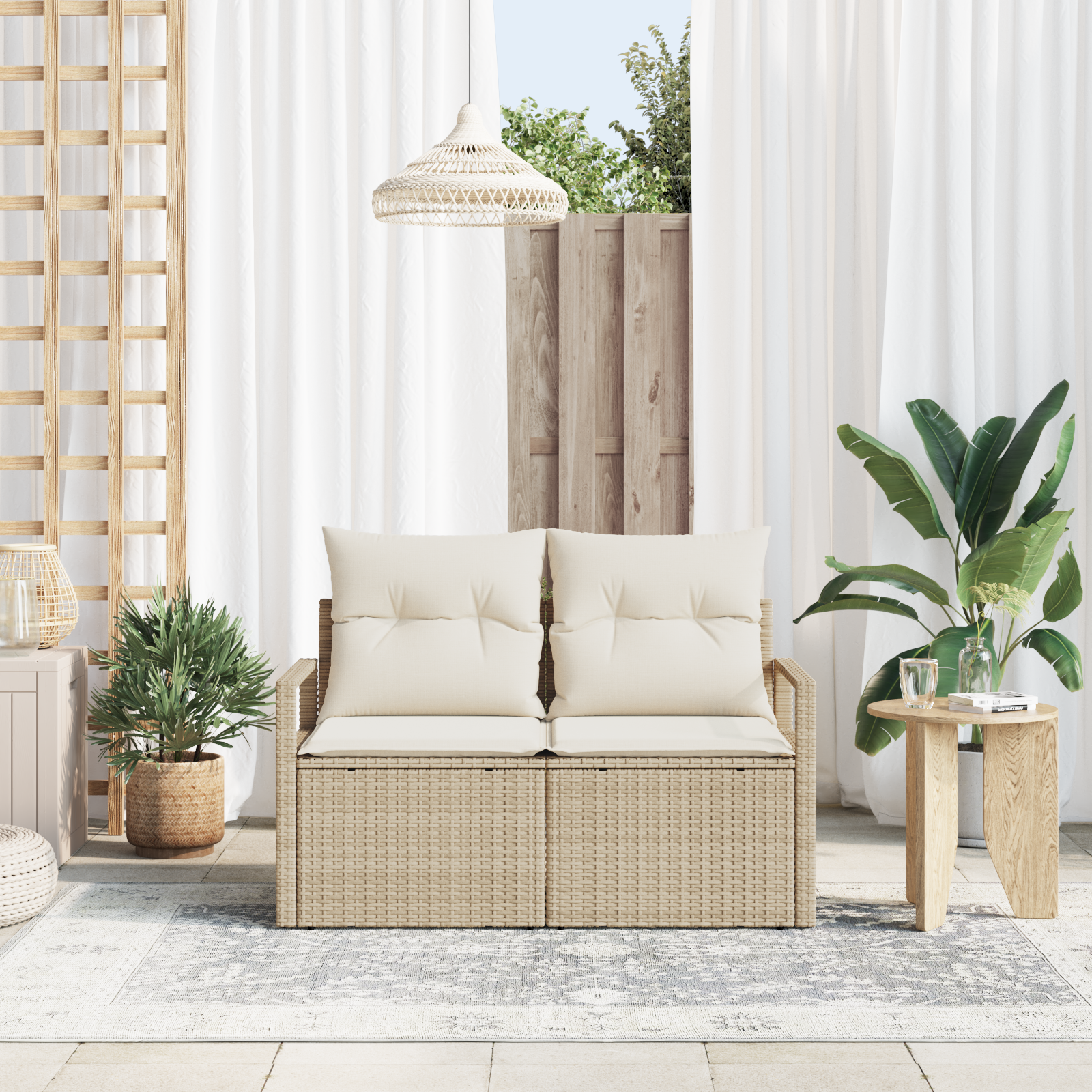 vidaXL Tuinbank 2-zits met opbergruimte en kussens poly rattan beige