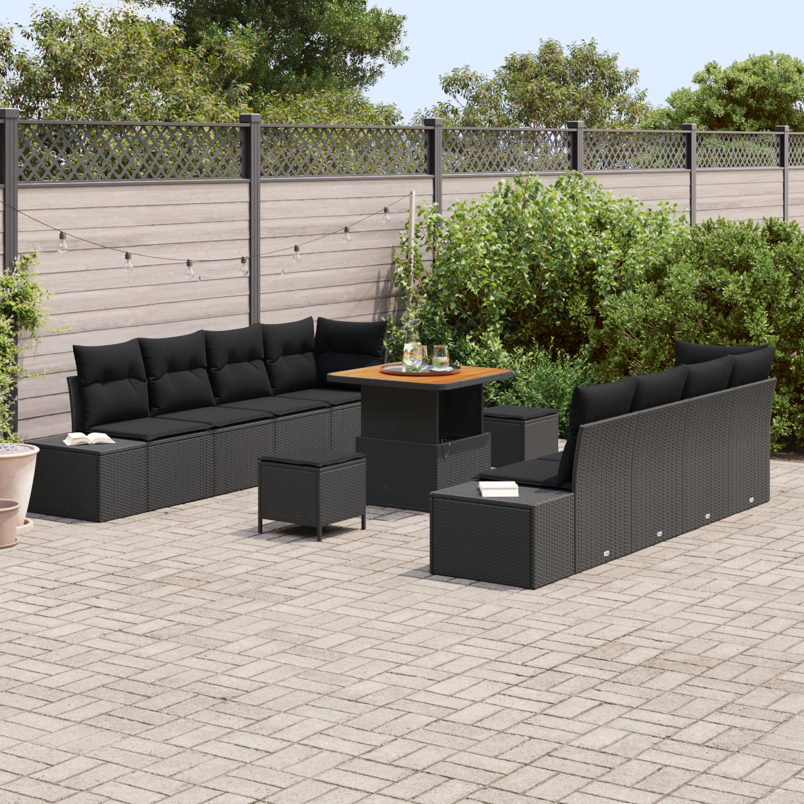vidaXL 11-delige tuinset met kussens in zwart poly rattan en acacia hout