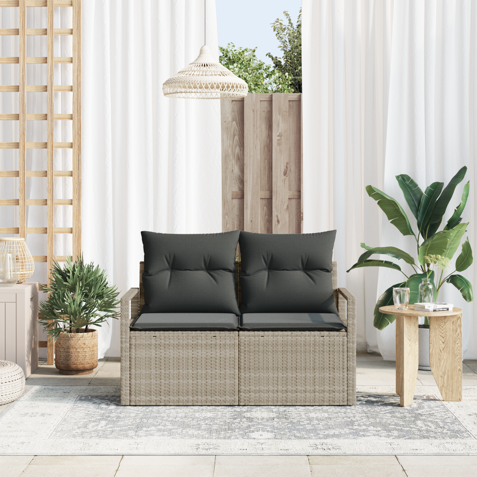 vidaXL Tuinbank 2-zits met opbergruimte en kussens poly rattan grijs