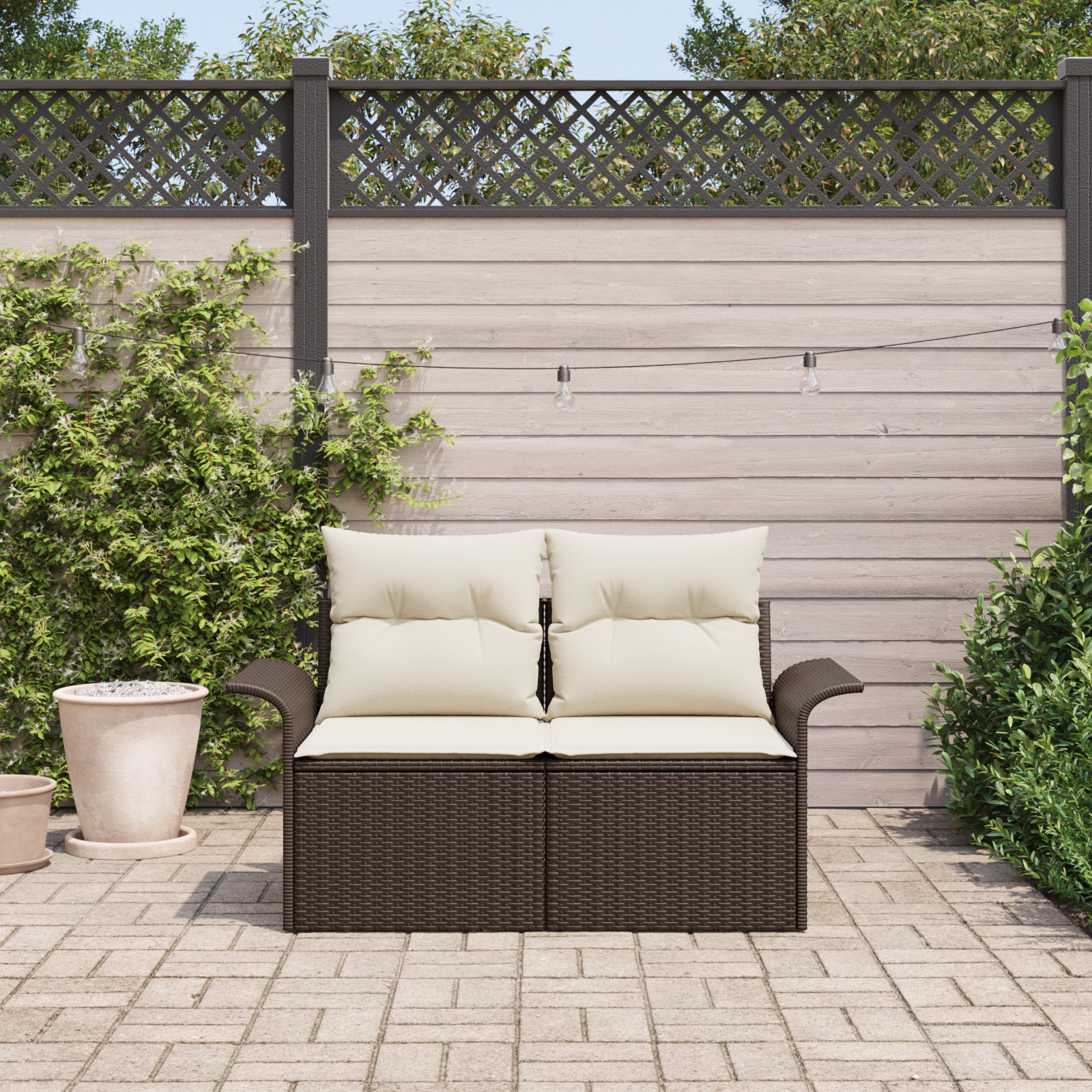 vidaXL Tuinbank 2-zits met opbergruimte en kussens poly rattan bruin