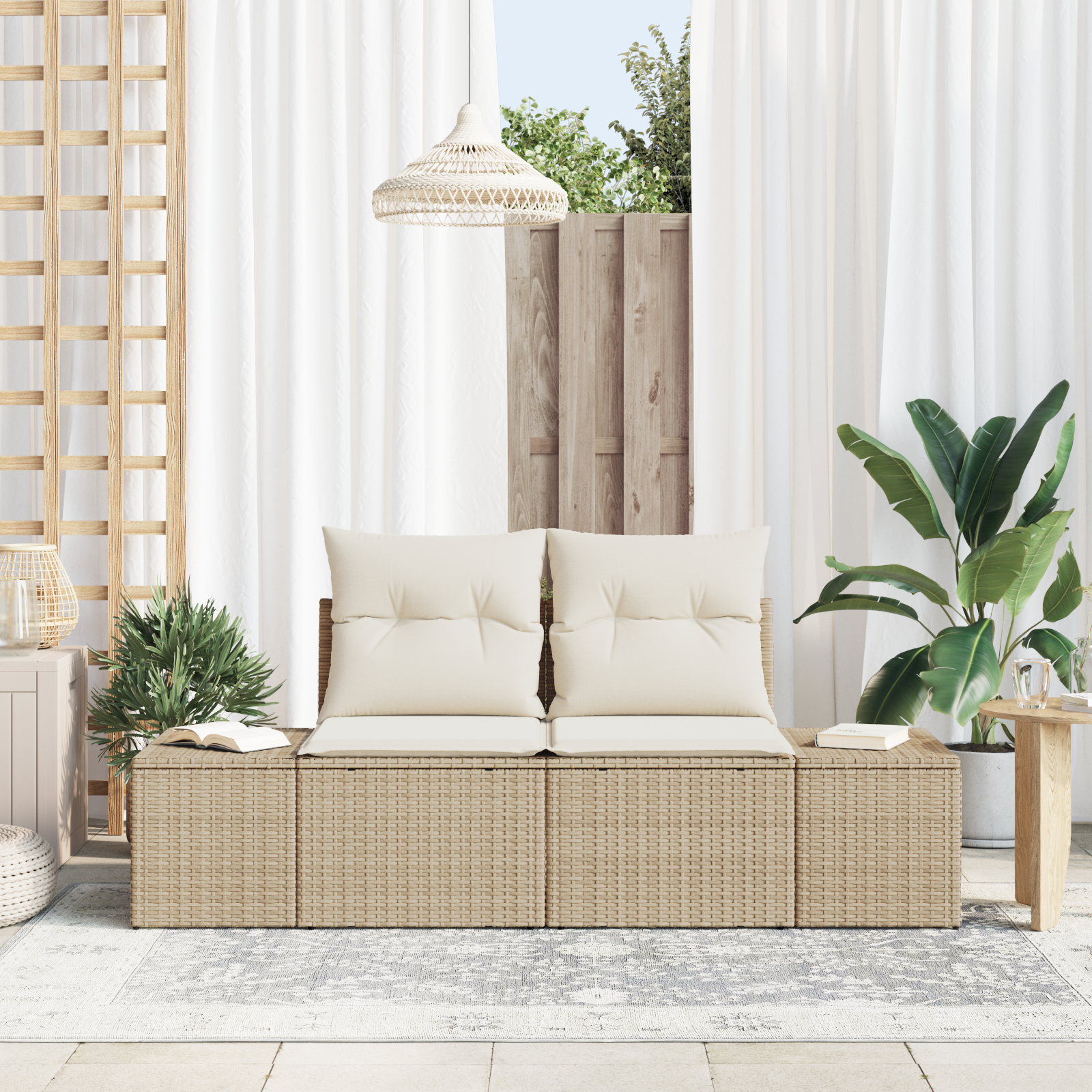 vidaXL Tuinbank 2-zits met kussens poly rattan beige