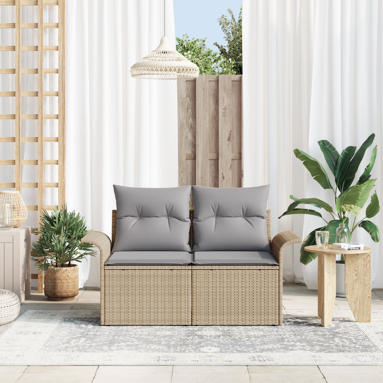 vidaXL Tuinbank 2-zits met opbergruimte en kussens poly rattan beige
