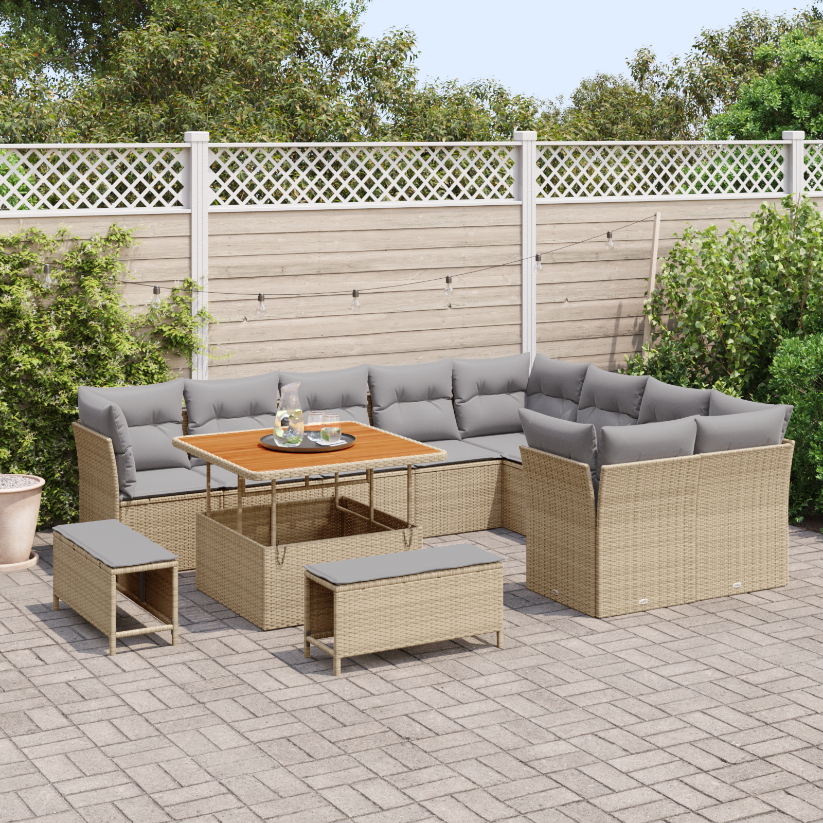 vidaXL 12-delige Tuinbankenset met kussens poly rattan acacia beige