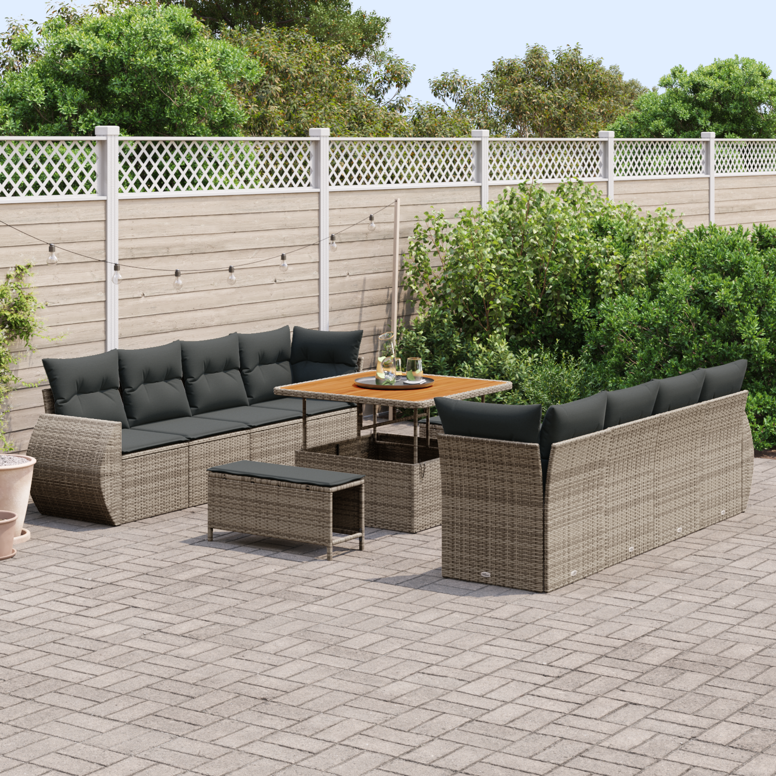 vidaXL 11-delige tuinsofa set met kussens grijs poly riet acacia