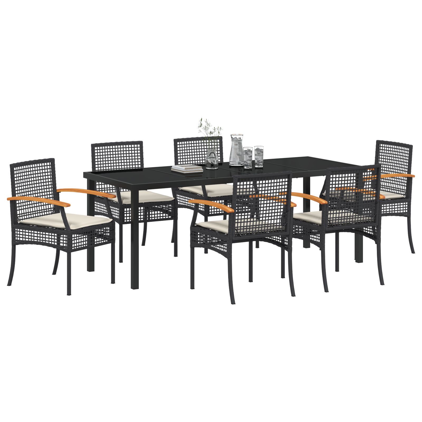 vidaXL 7-delige tuin eetset met kussens Zwart Poly Rattan