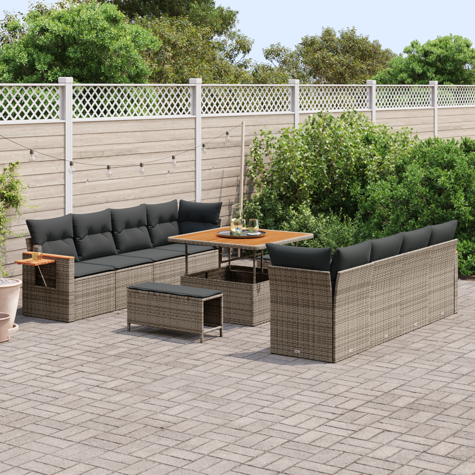 vidaXL 11-delige Tuinbankenset met kussens poly rattan acacia grijs