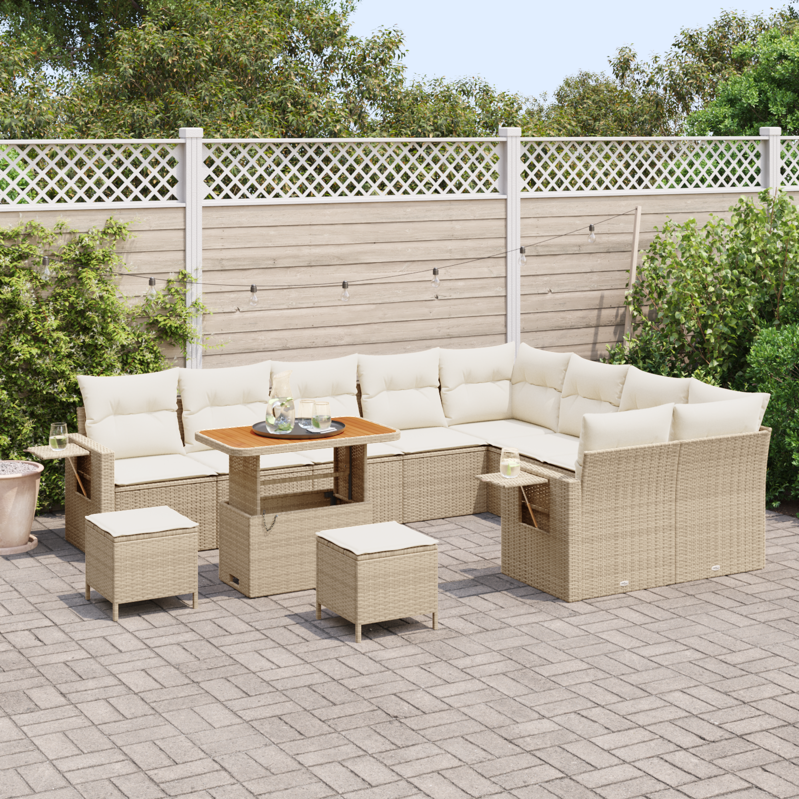 vidaXL 12-delige tuinbank set met kussens in beige poly rattan en acacia