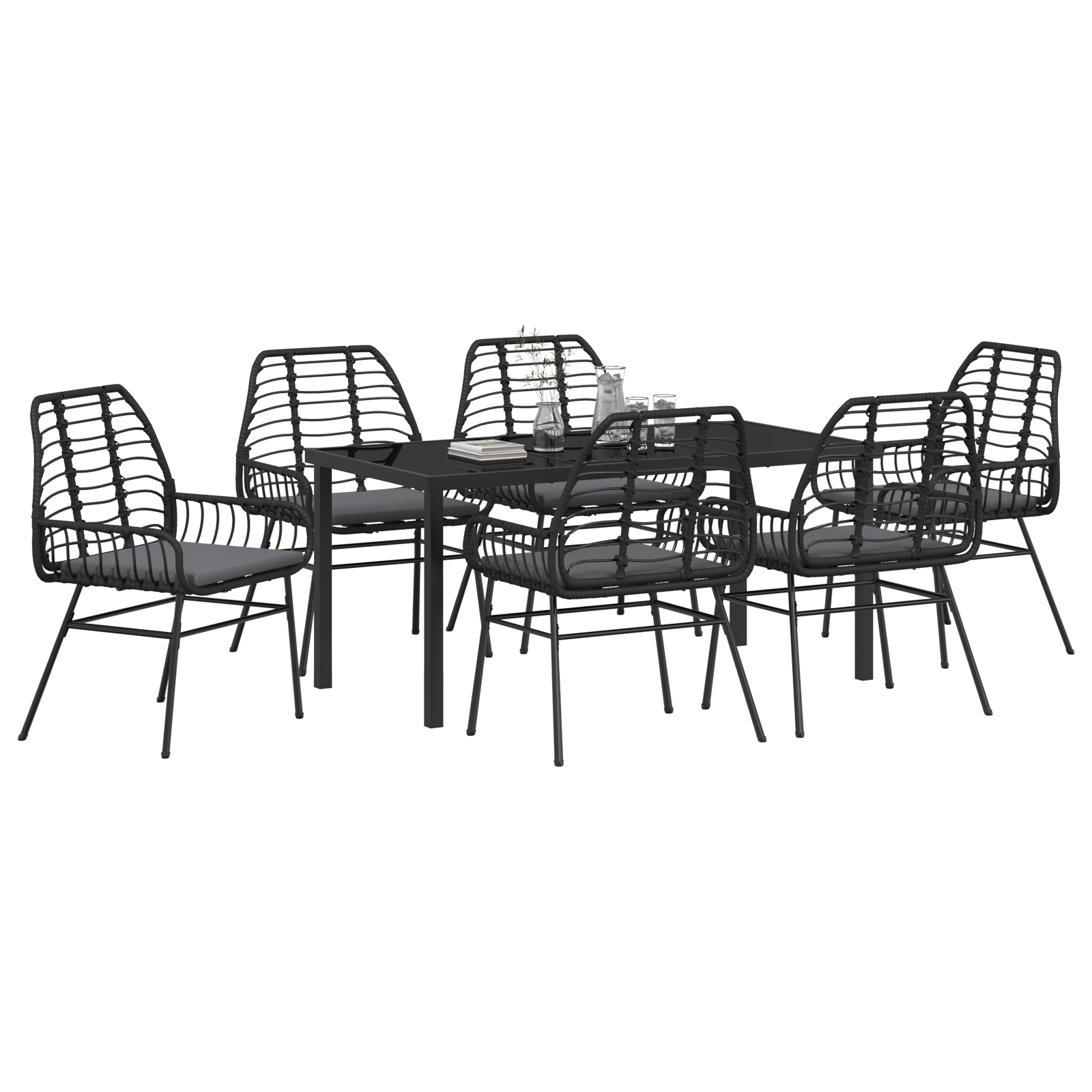 vidaXL 7-delige tuinset met kussens zwart poly rattan