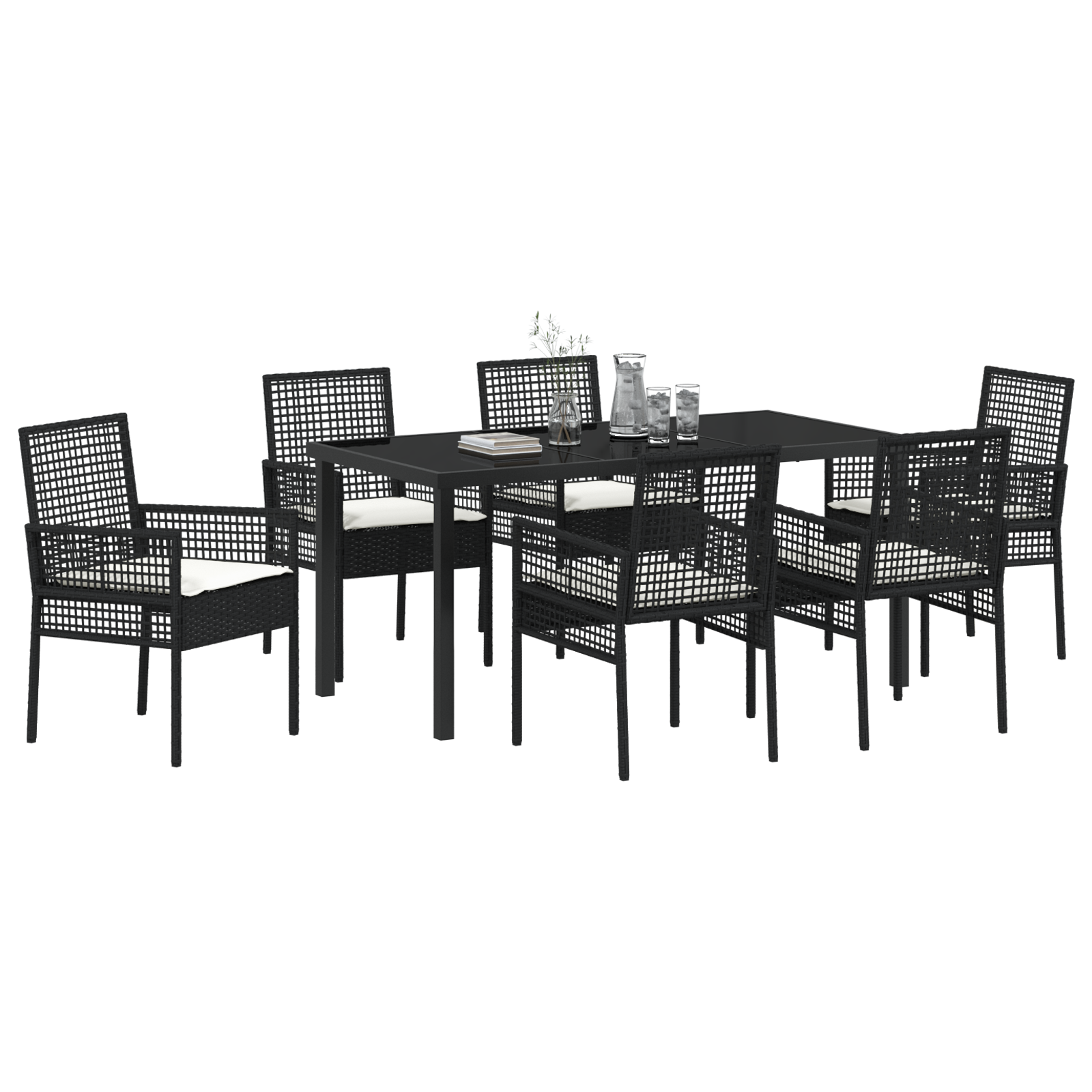 vidaXL 7-delige tuinset met kussens in zwart poly rattan