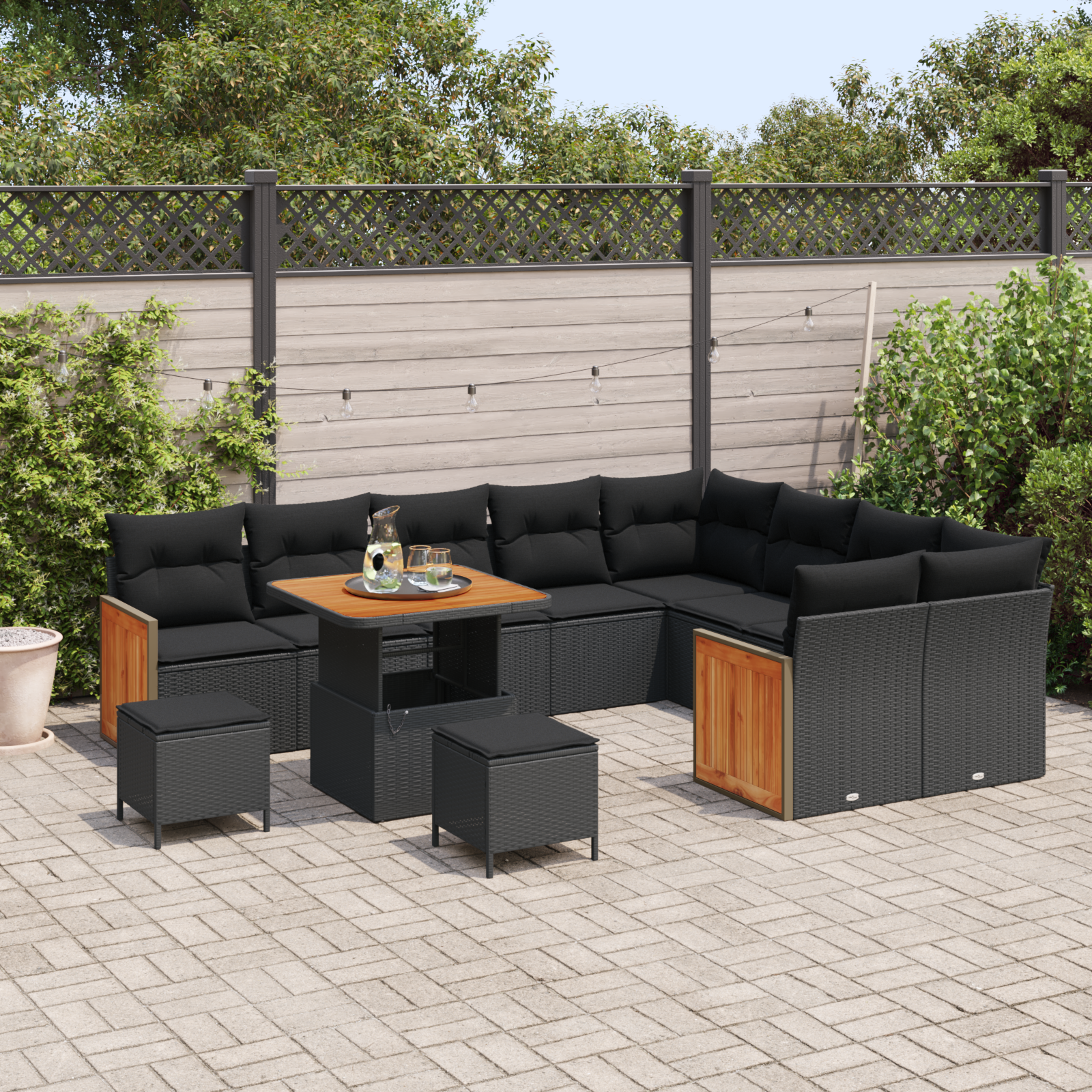 vidaXL 12-delige Tuinbankenset met kussens poly rattan acacia zwart