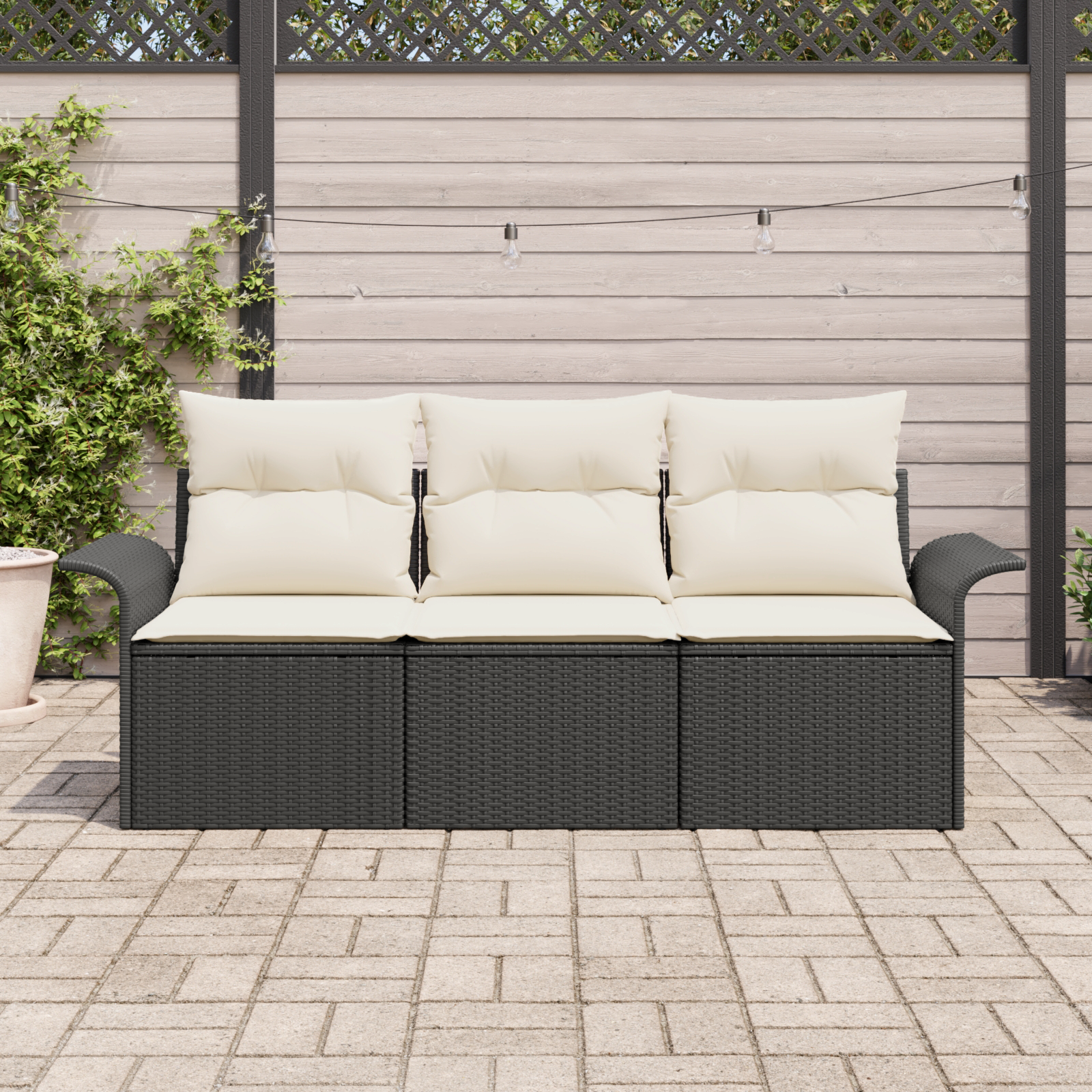 vidaXL 3-delige tuinbank set met kussens - Zwart poly rattan.