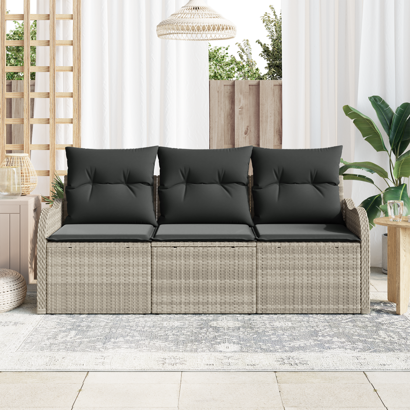 vidaXL 3-delig tuinset met kussens in lichtgrijs poly rattan