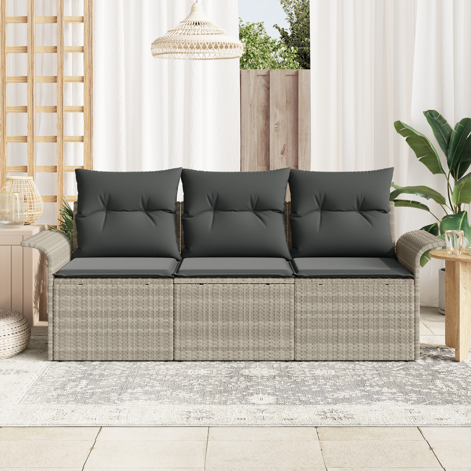 vidaXL 3-delige tuinbankset met kussens in lichtgrijs poly rattan