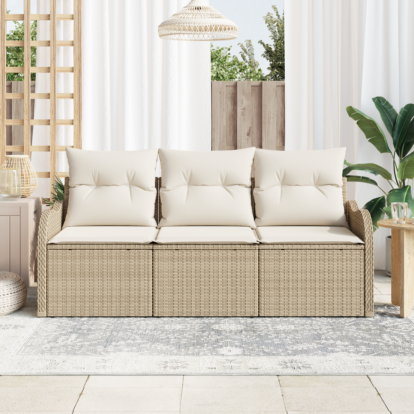 vidaXL 3-delige Tuinbankenset met kussens poly rattan beige