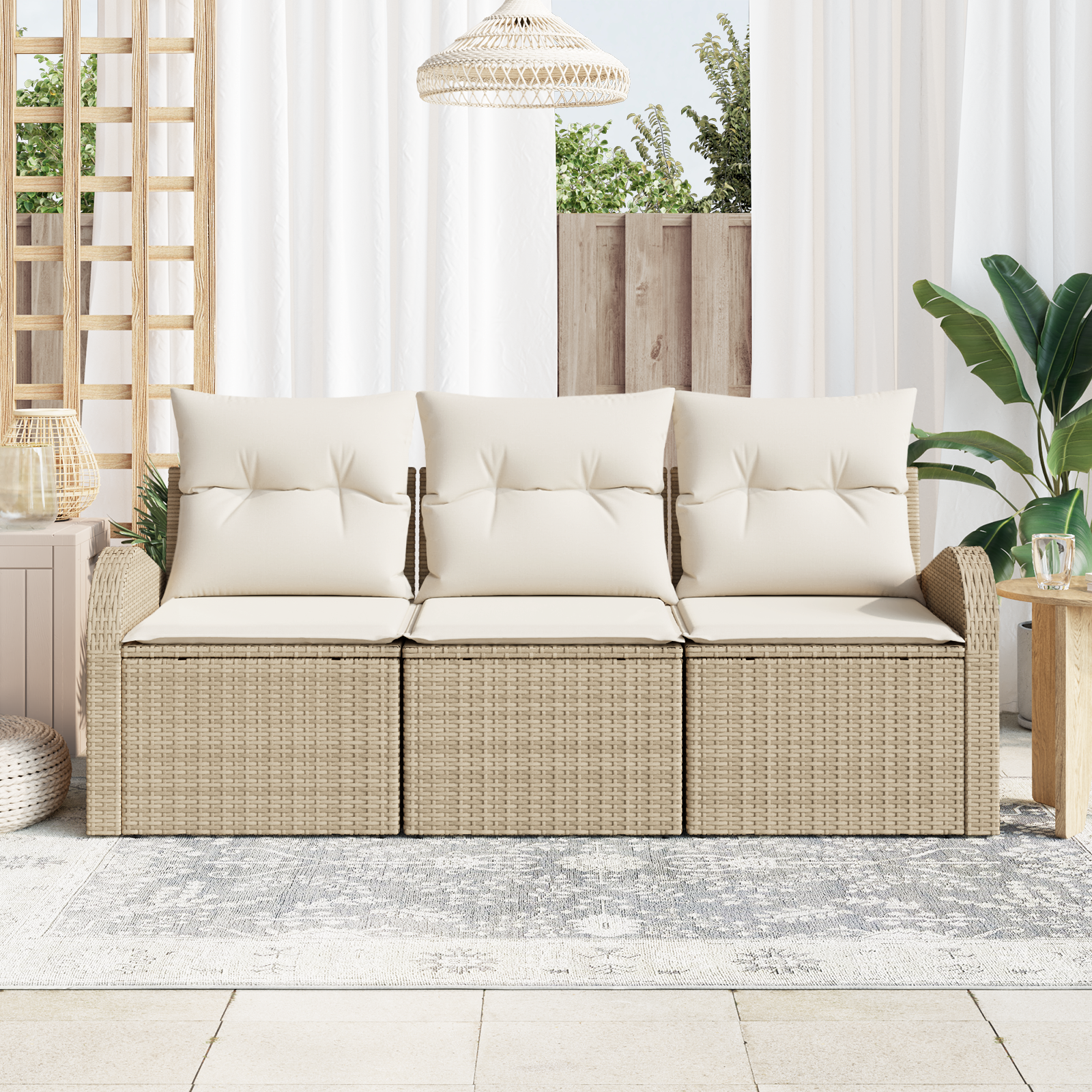 vidaXL 3-delige Tuinbankenset met kussens poly rattan beige