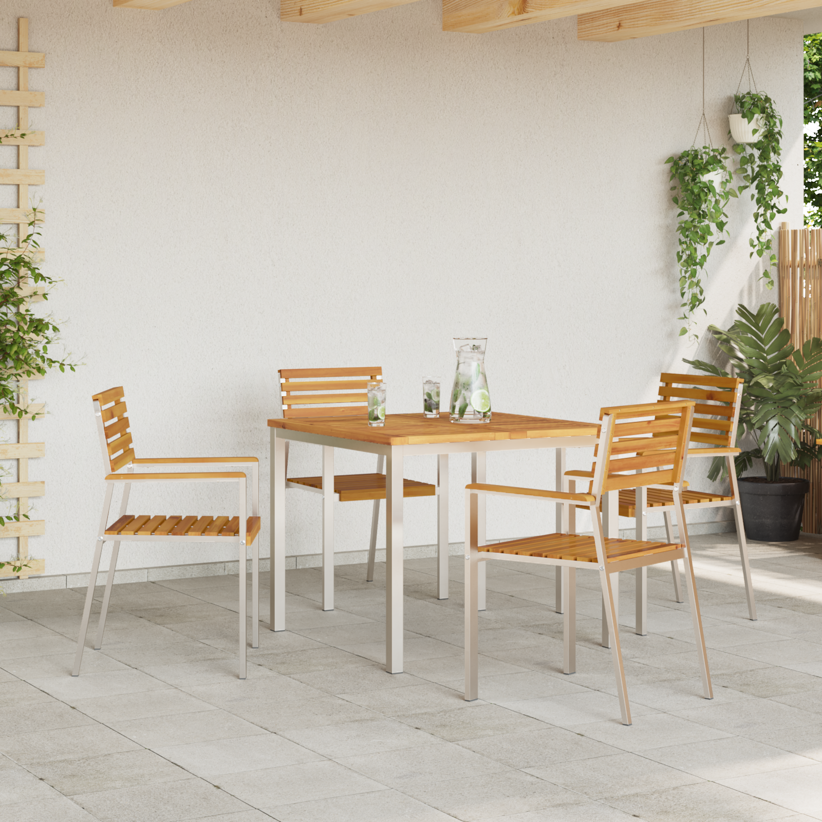 vidaXL Stapelbare Tuinstoelen 4 stuks van Massief Acaciahout en Roestvrij Staal