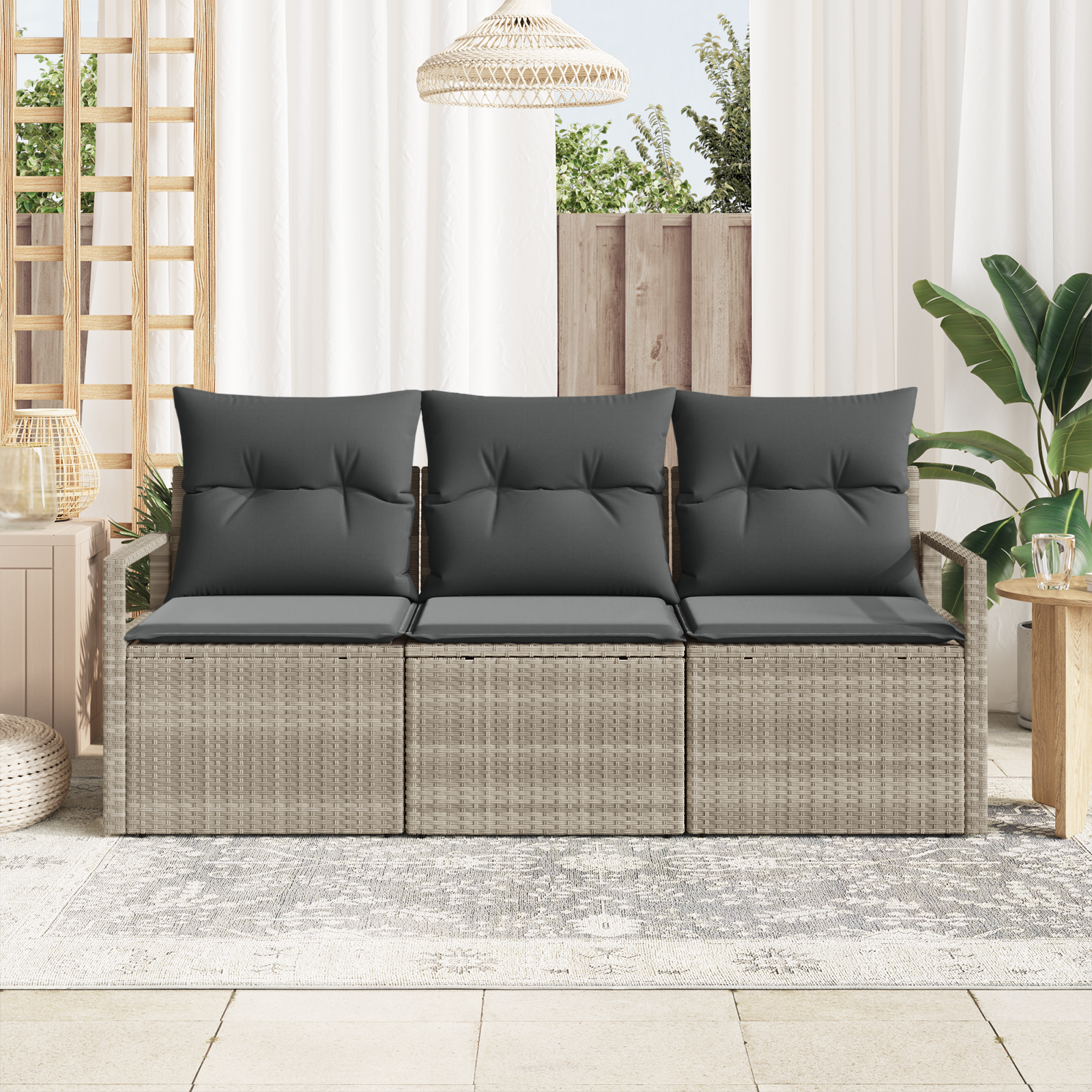 vidaXL 3-delige Tuinbankenset met kussens poly rattan lichtgrijs