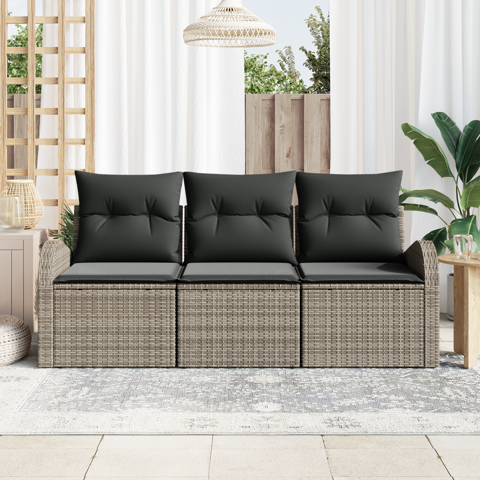 vidaXL 3-delige Tuinbankenset met kussens poly rattan grijs
