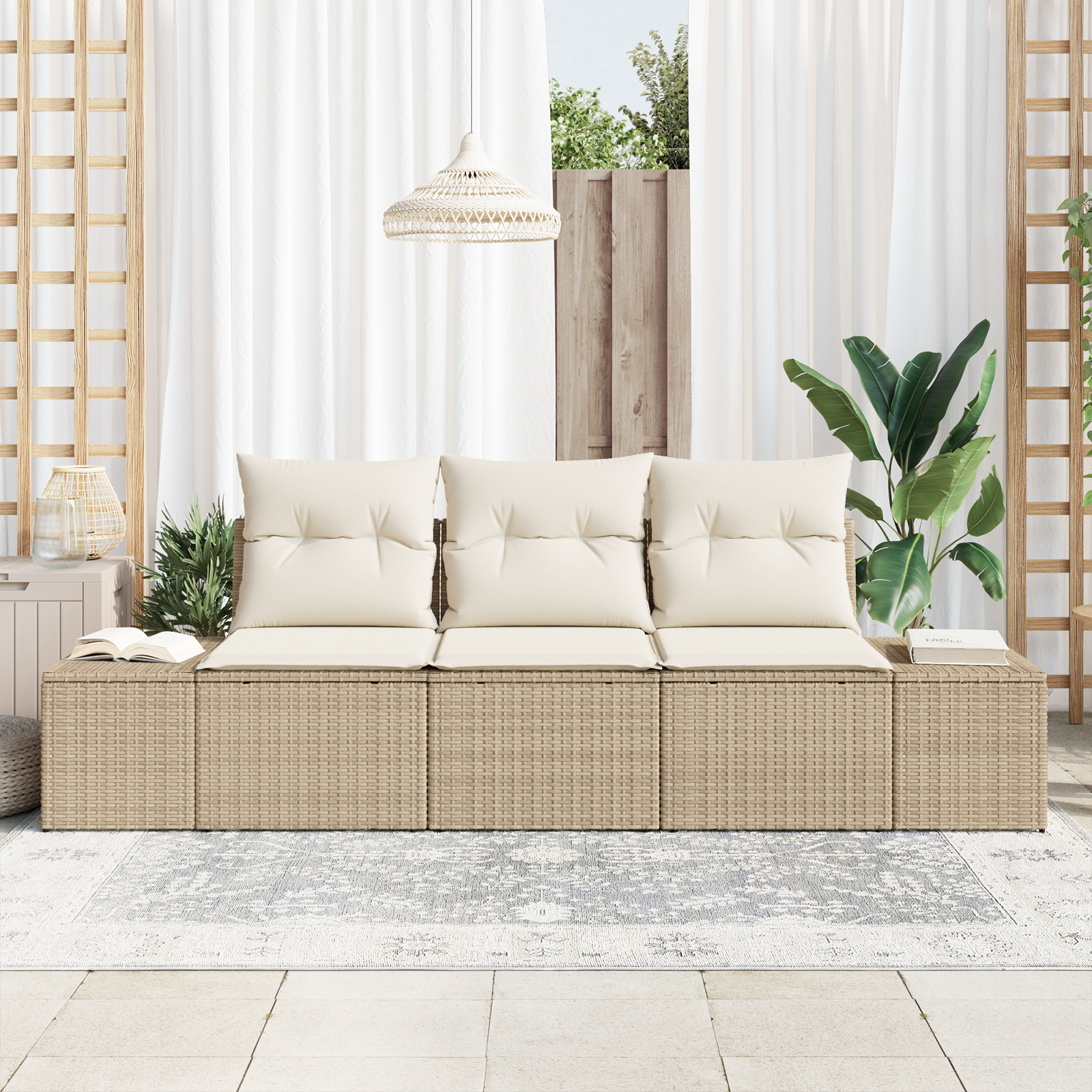 vidaXL 3-delige tuinsofa set met kussens in beige poly rattan