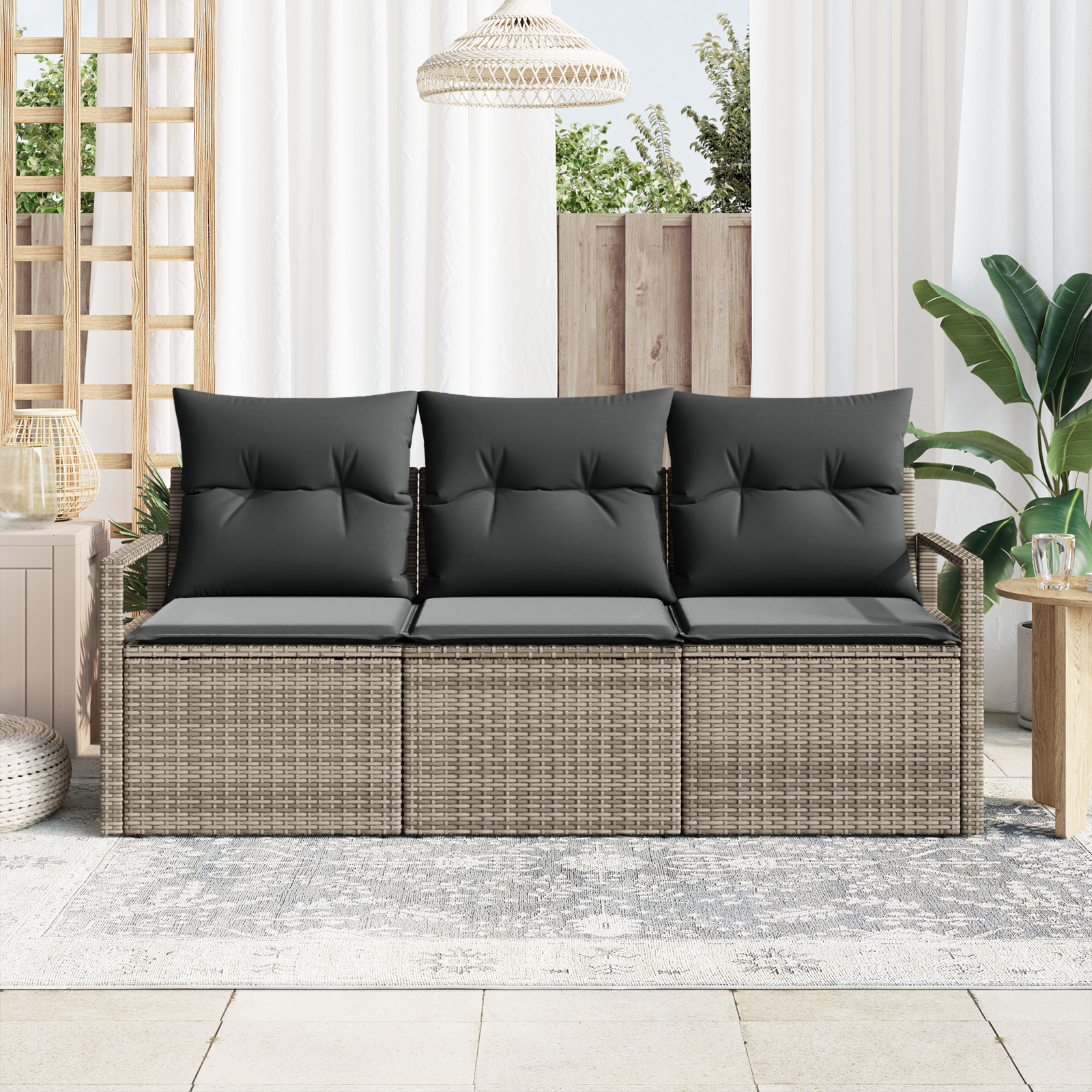 vidaXL 3-delige Tuinbankenset met kussens poly rattan grijs