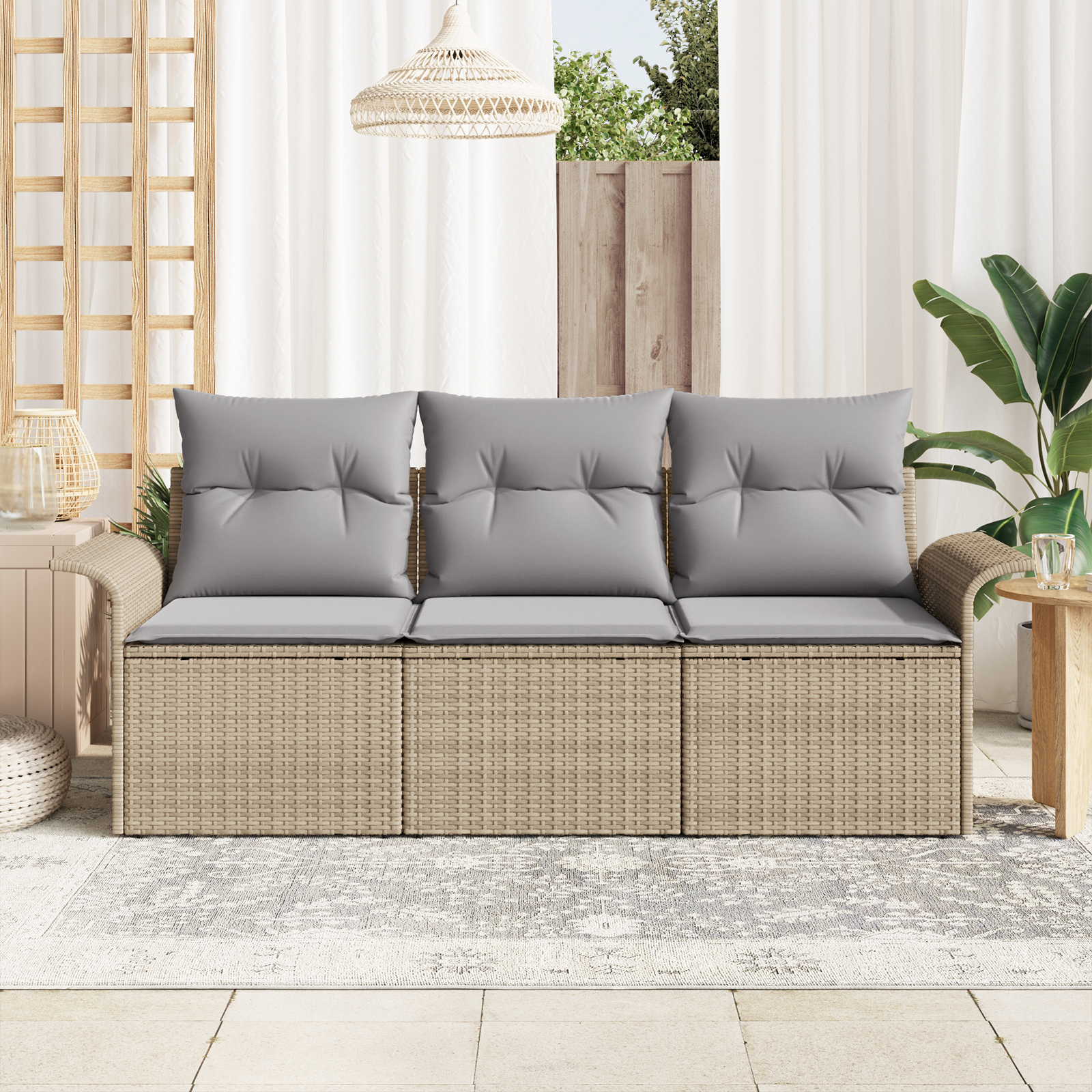 vidaXL 3-delige tuinbankset met kussens in beige poly rattan
