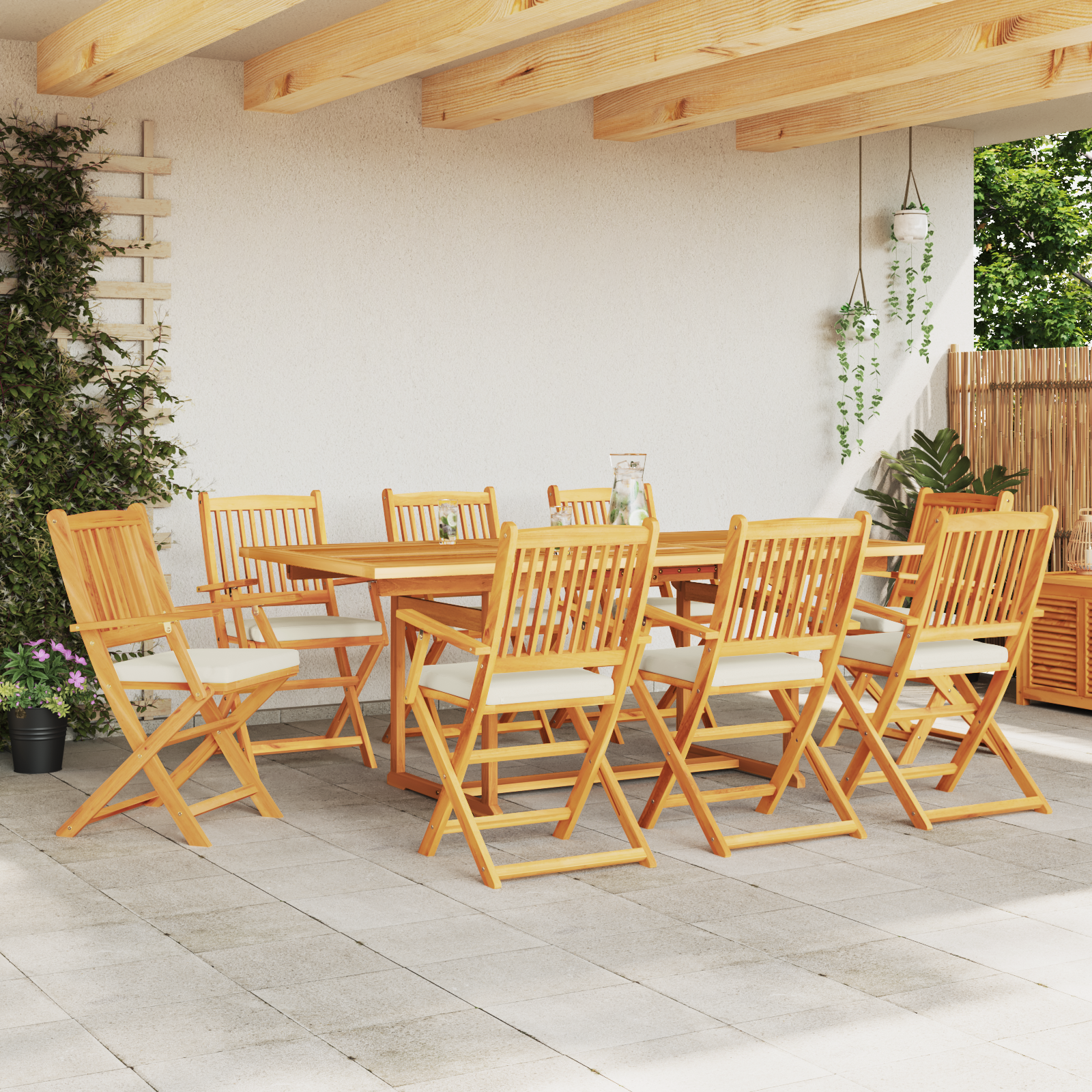 vidaXL Tuinstoelen 8 st inklapbaar witte kussens massief acaciahout