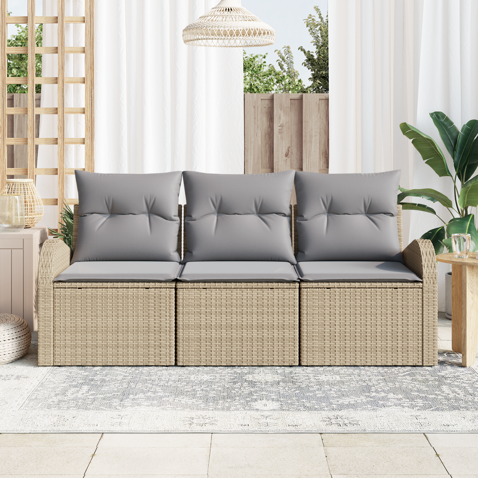 vidaXL 3-delige Tuinbankenset met kussens in poly rattan beige