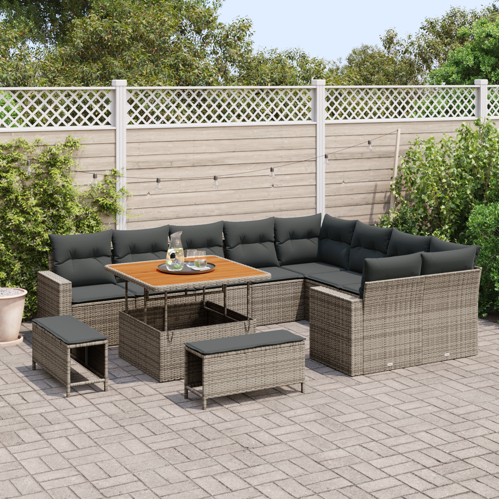 vidaXL 12-delige Tuinbankenset met kussens poly rattan acacia grijs