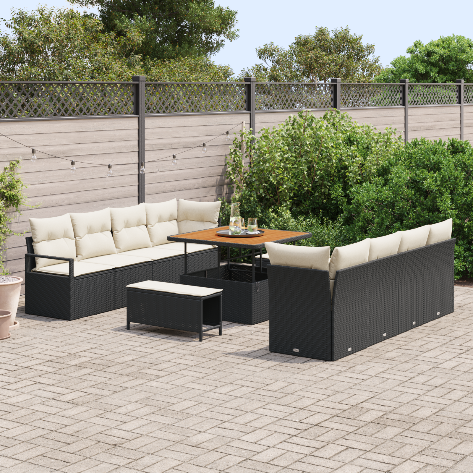 vidaXL 11-delige tuinset met kussens in zwart poly rattan en acacia