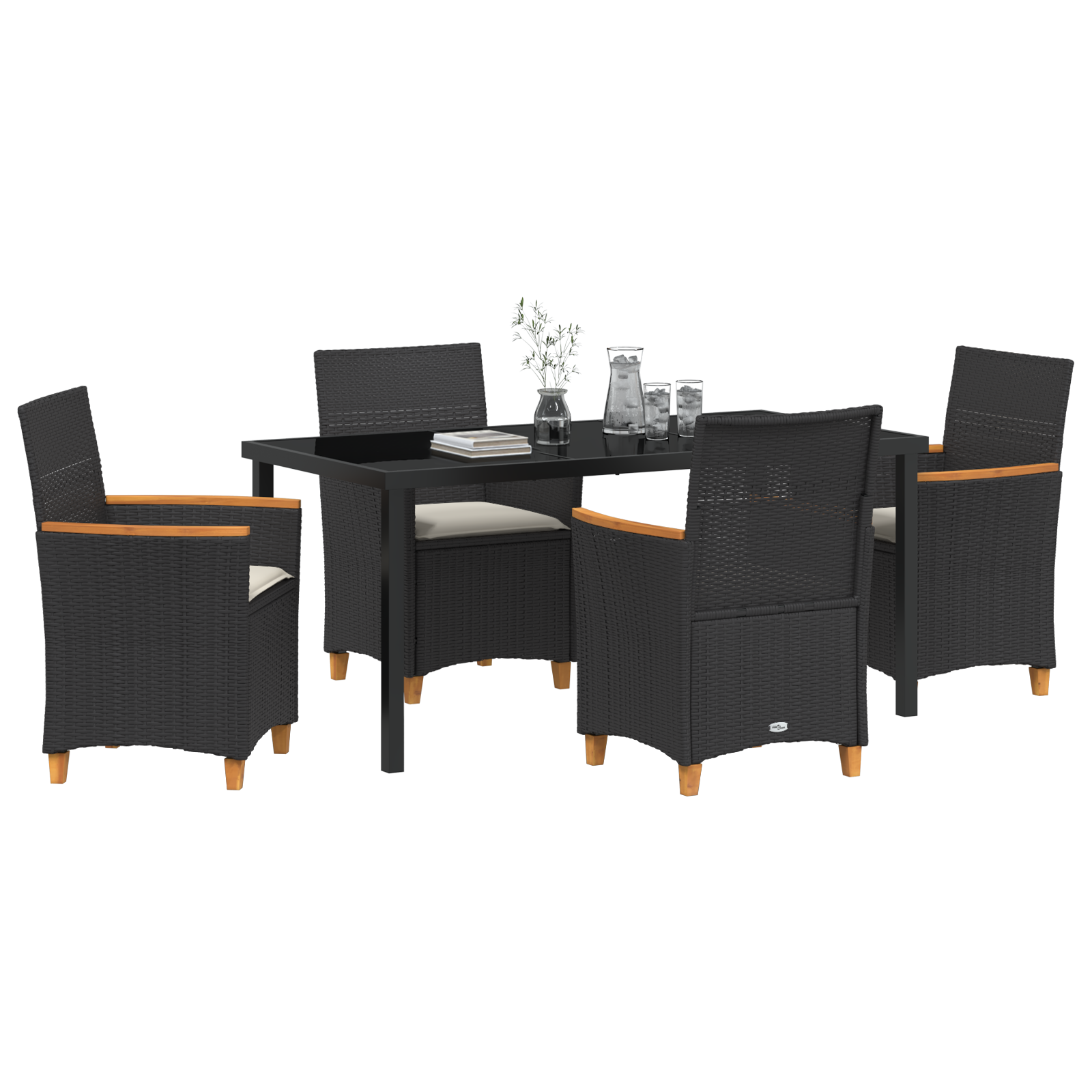 vidaXL 5-delige Tuin Eettafelset met Kussens - Zwart Poly Rattan