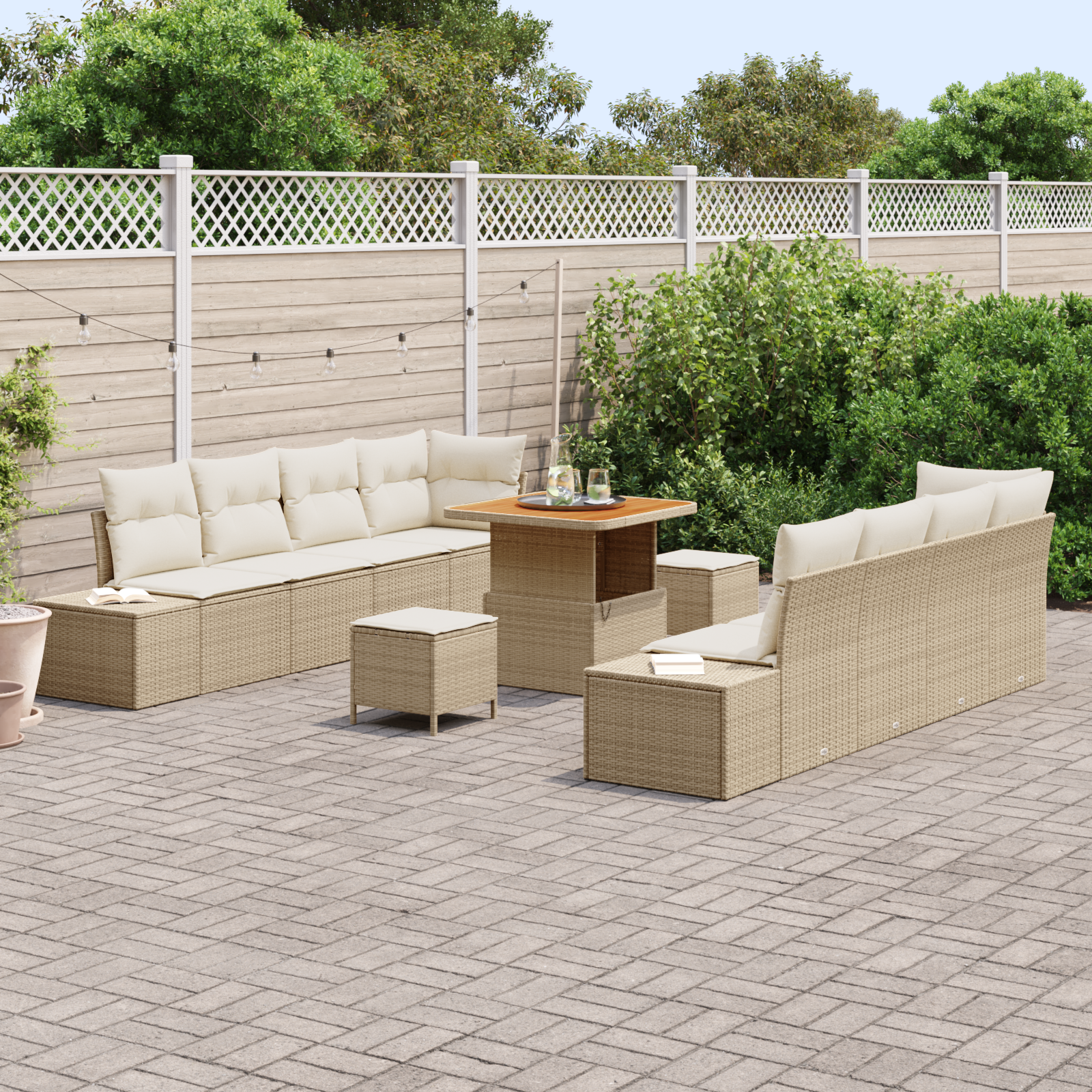 vidaXL 11-delige tuinbankset met kussens in beige poly rattan en acacia