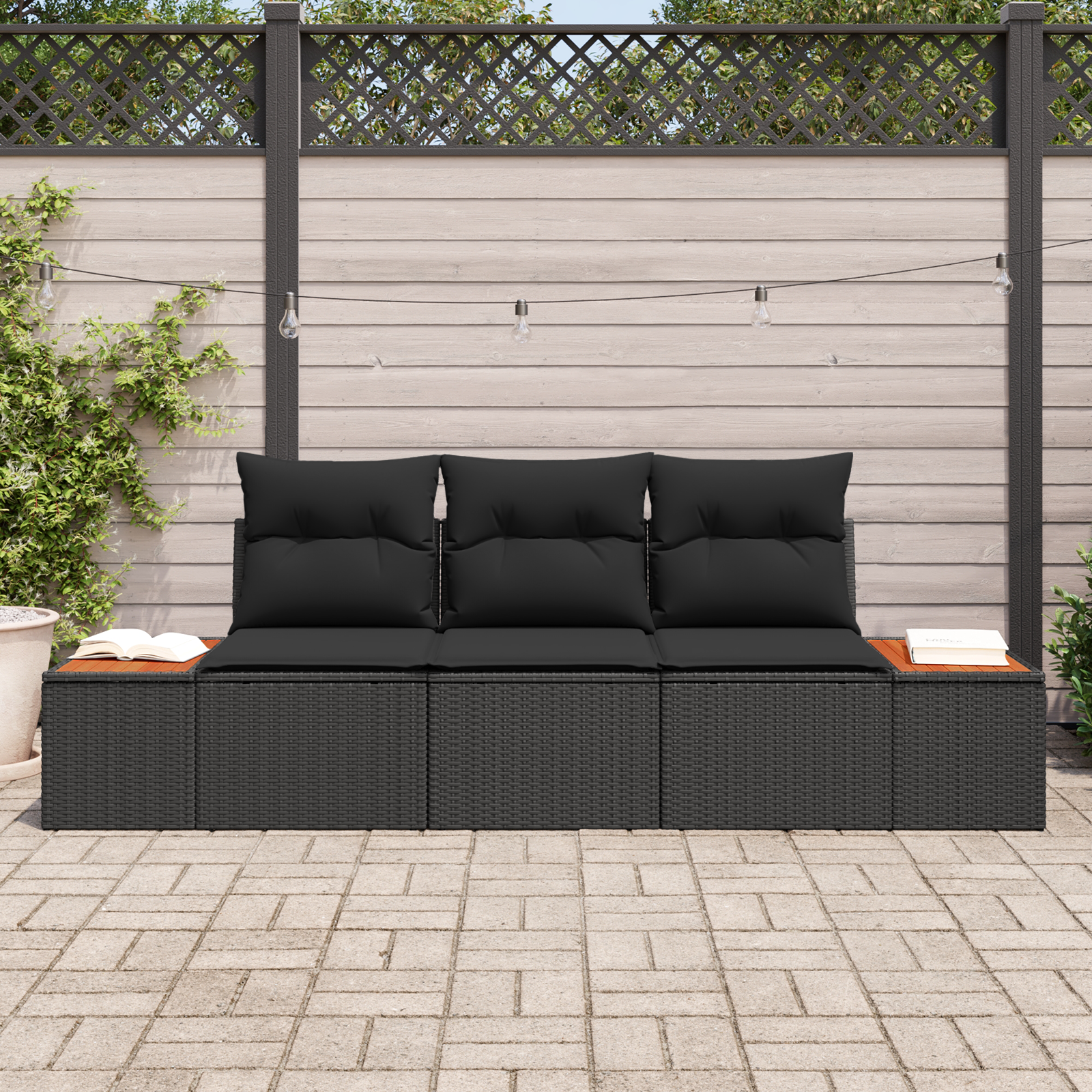 vidaXL 3-delige Tuin Sofa Set met Kussens Zwart Poly Rattan Acacia