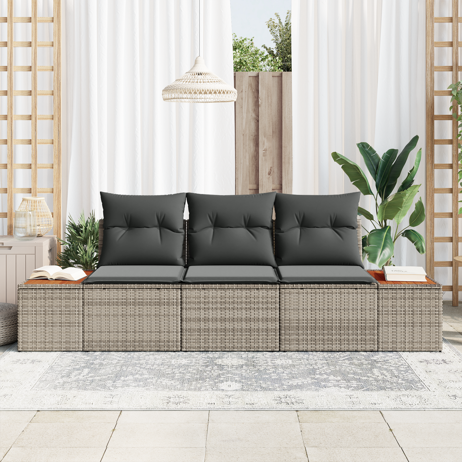 vidaXL 3-delige Tuin Sofa Set met Kussens Grijs Poly Rattan Acacia