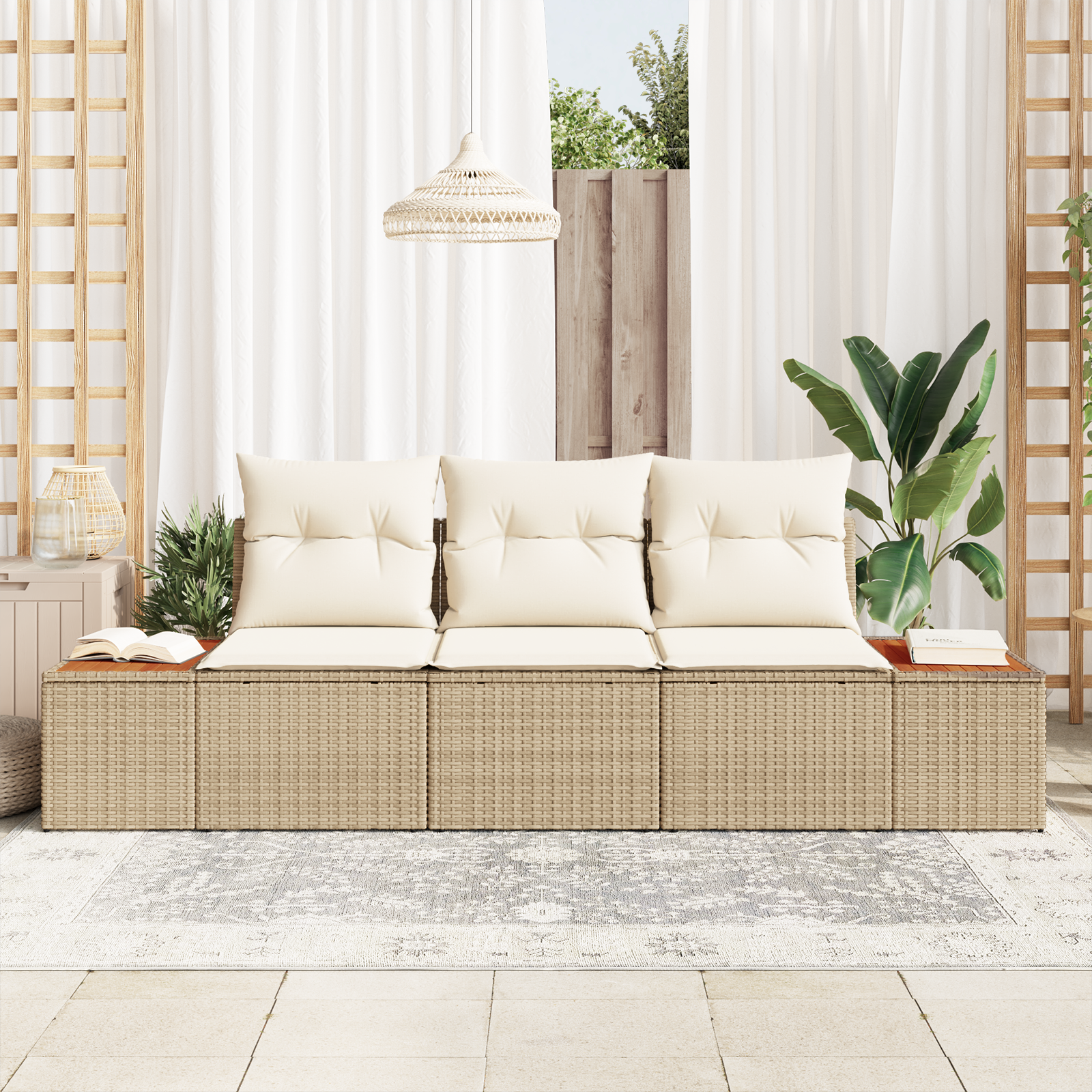 vidaXL 3-delige Tuin Sofa Set met Kussens Beige Poly Rattan Acacia