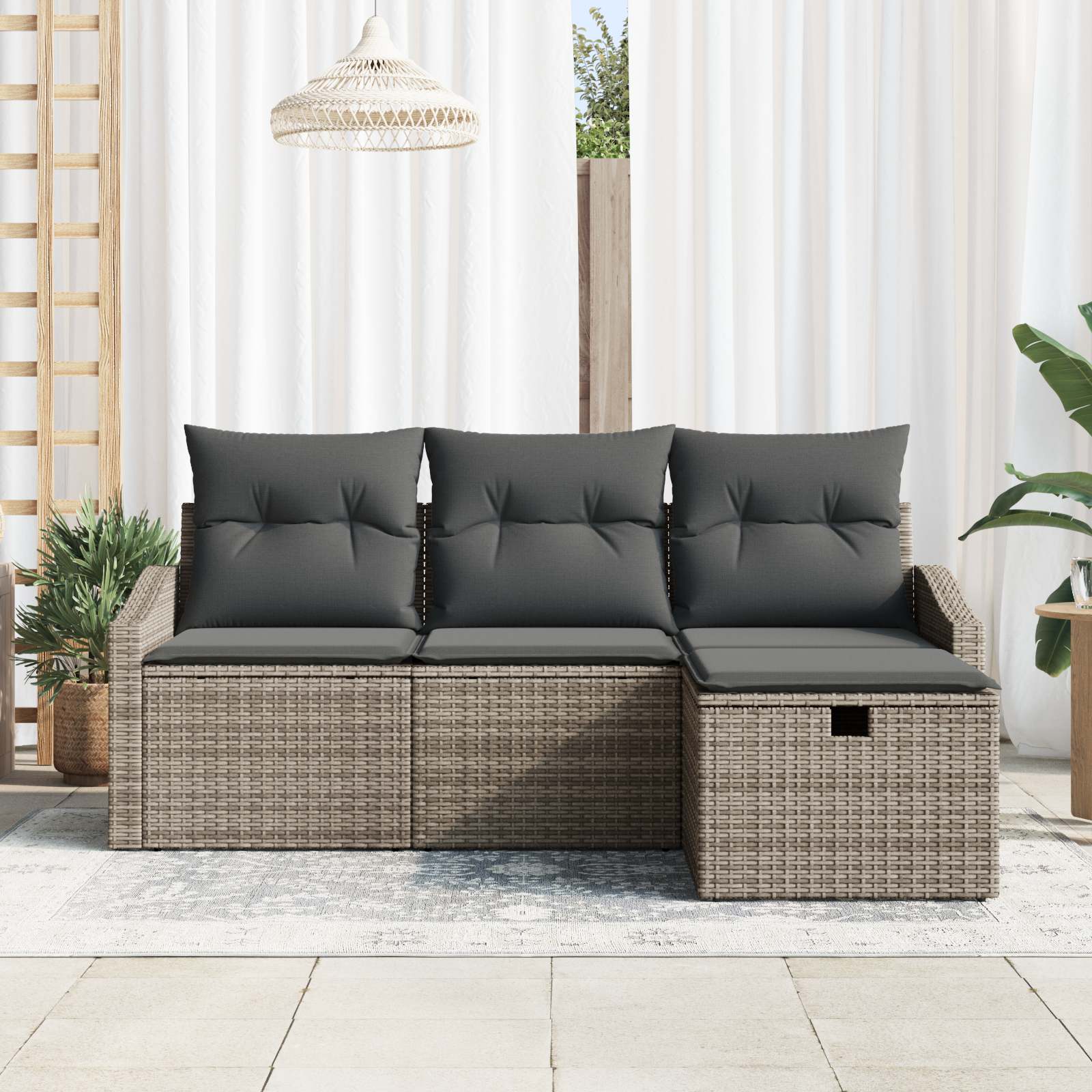 vidaXL 4-delige tuinset met kussens in grijs poly rattan