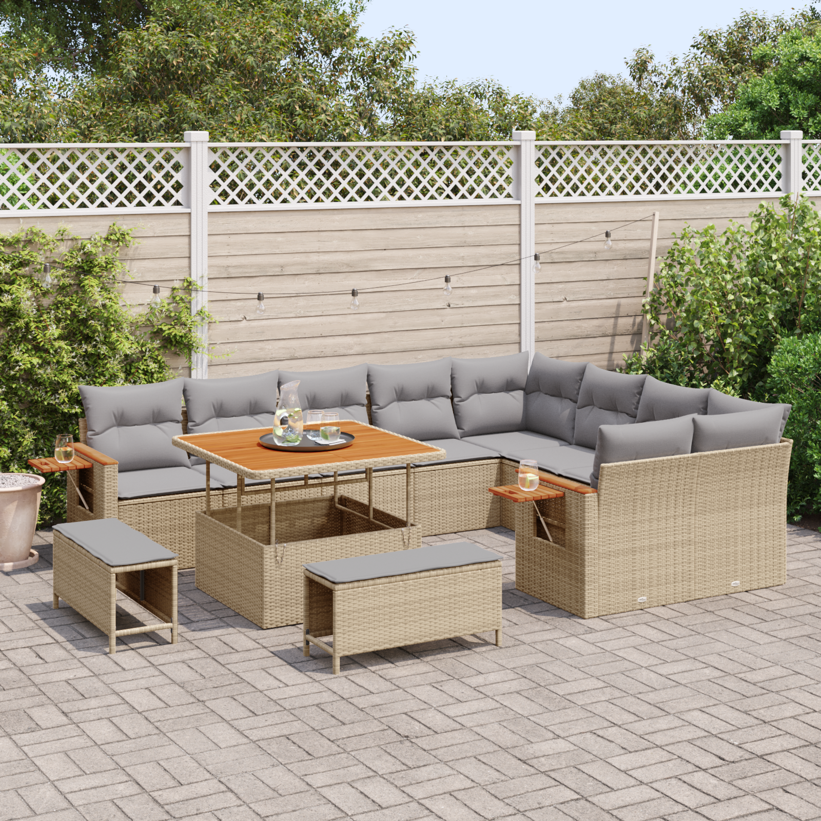 vidaXL 12-delige Tuinbankenset met kussens poly rattan acacia beige