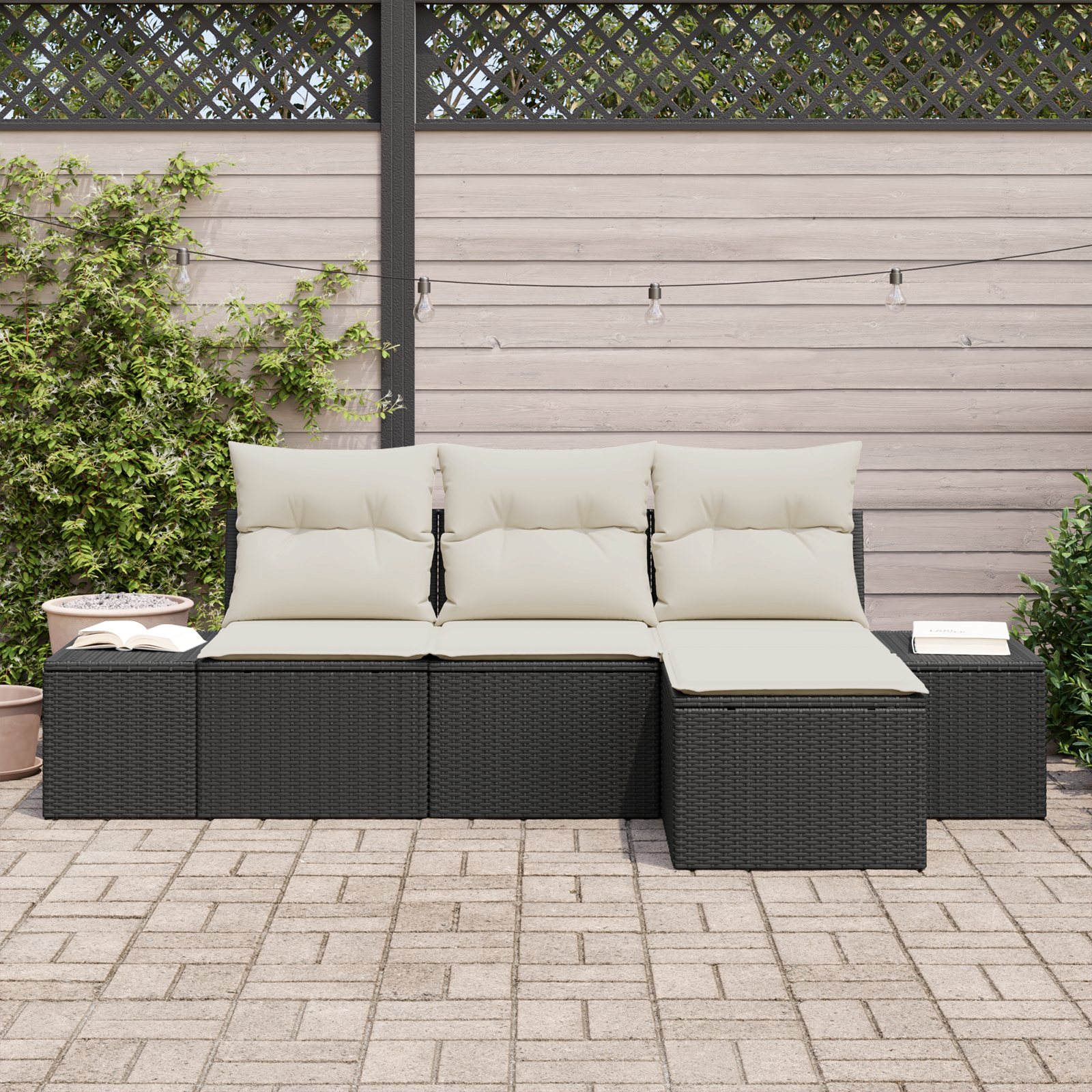 vidaXL 4-delige Tuinbankenset met kussens poly rattan zwart
