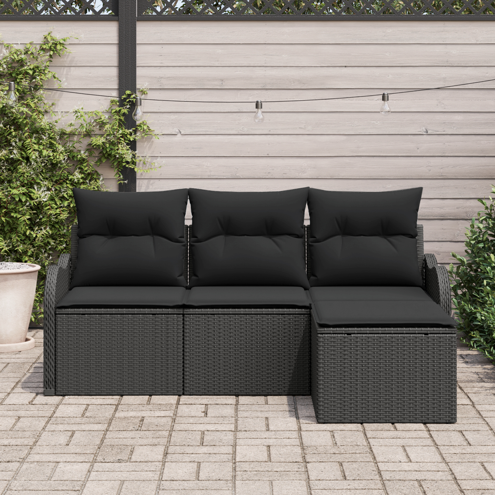 vidaXL 4-delige Tuinbankenset met kussens poly rattan zwart
